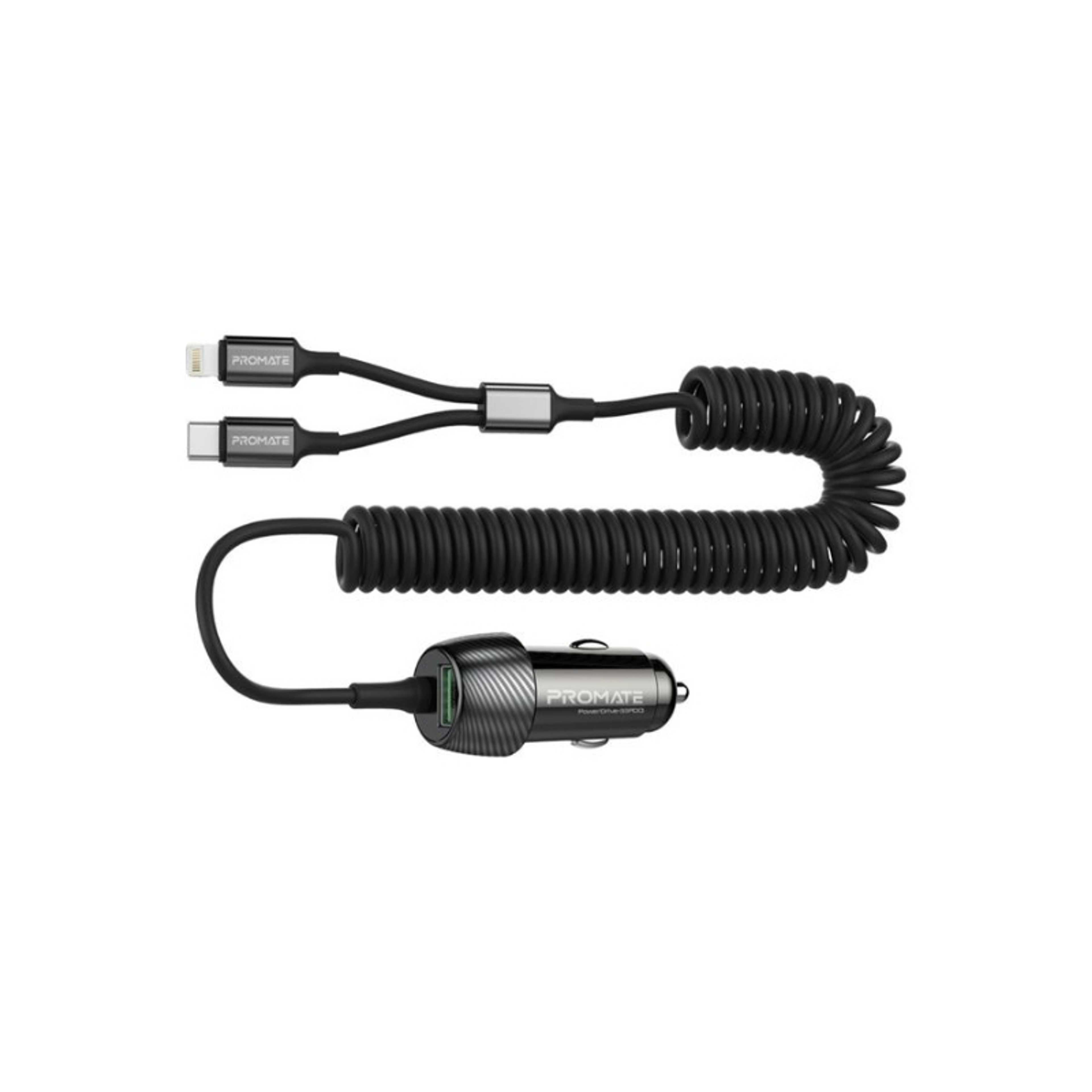 33W Car Charger with Lightning Connector And USB-C Cable Black - Product Main Image