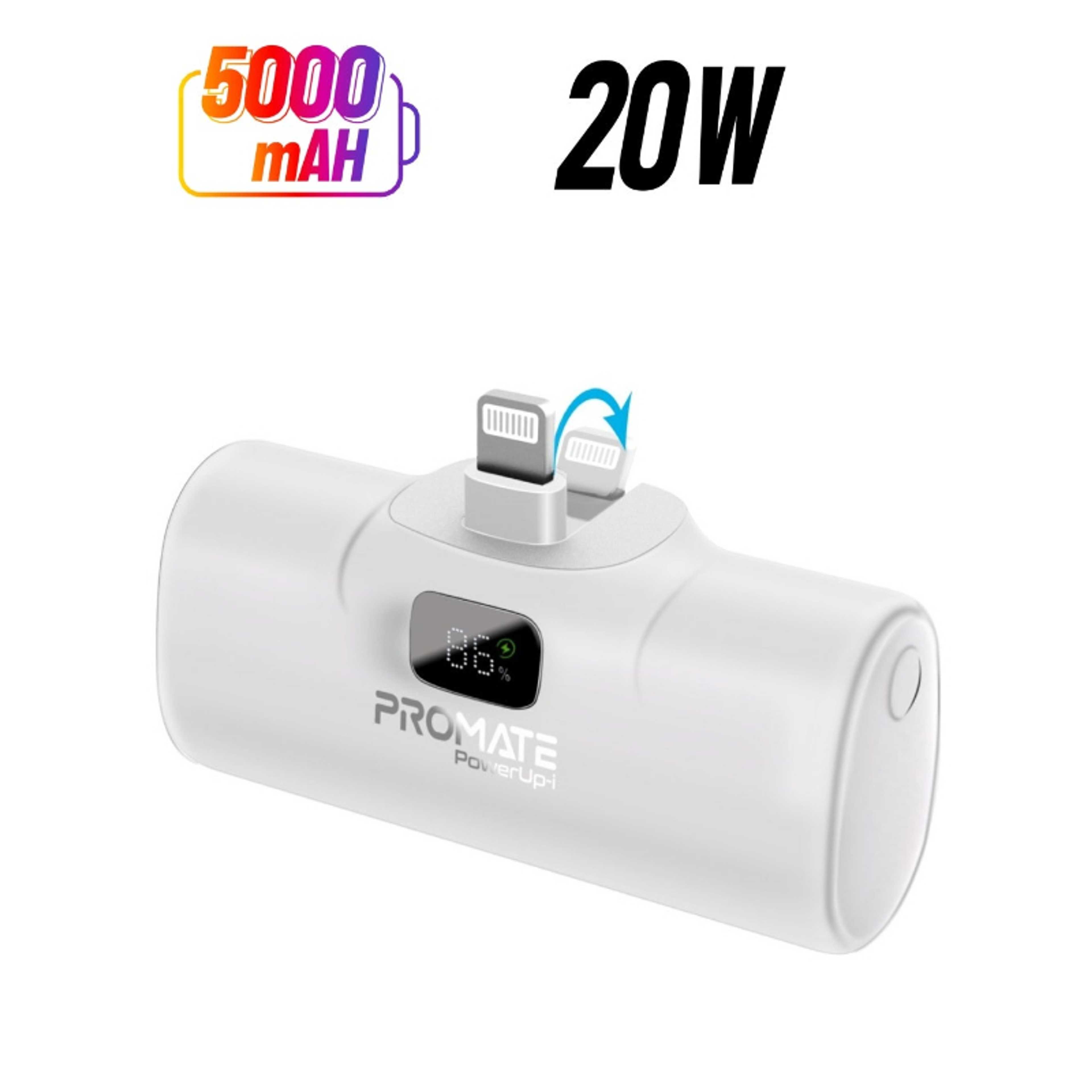 Power Bank with Built-In Lightning Connector, Premium Mini Capsule Fast Charging, 20W USB-C Power Delivery, LED Display and Foldable Kickstand, PowerUp-i White - Product Main Image