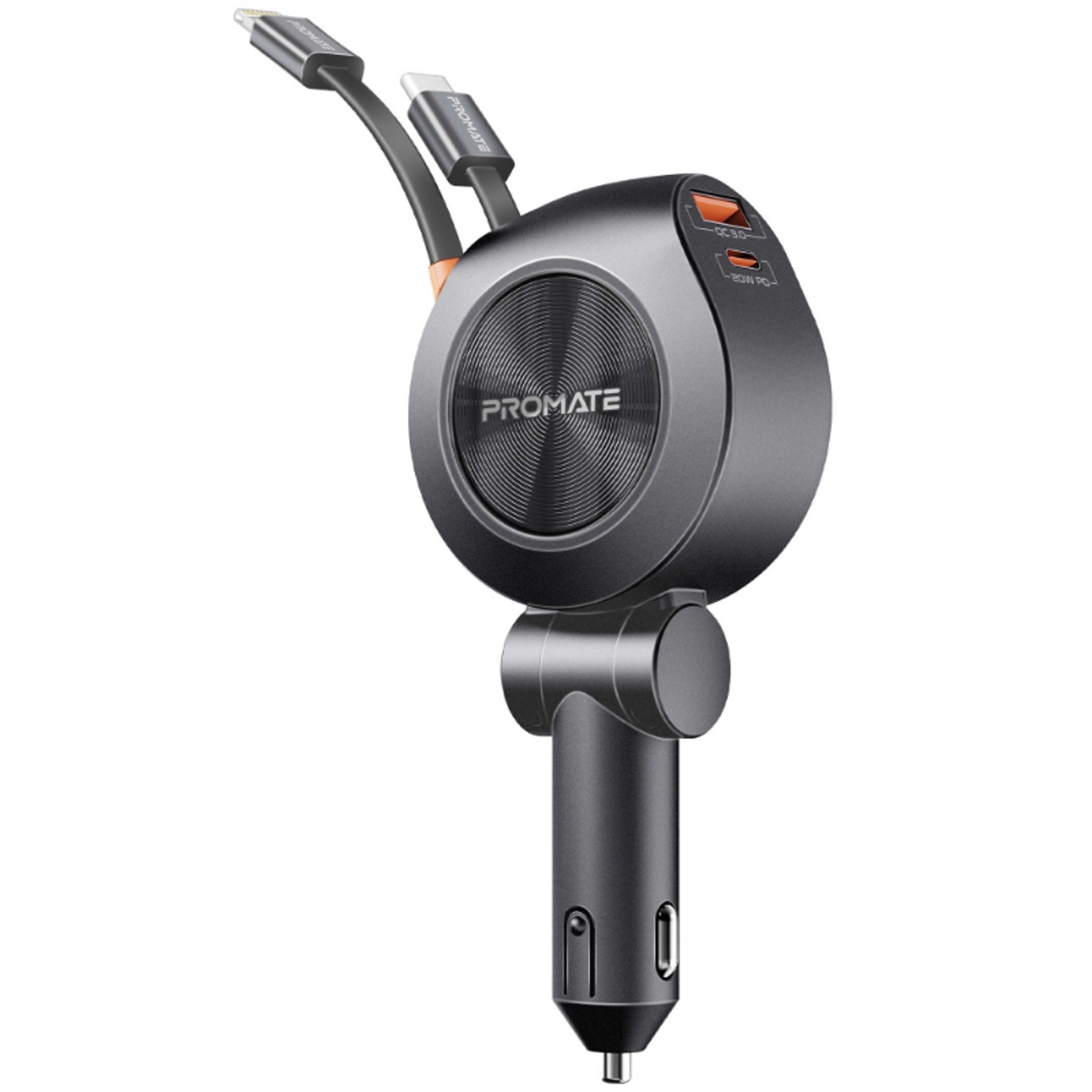 4 in 1 Multi-Port Car Charger 88W with Built-in Retractable USB-C and Lightning Cables 80cm, 20W USB-C Port and 18W USB-A Port, 180° Rotatable Body Black - Product Main Image