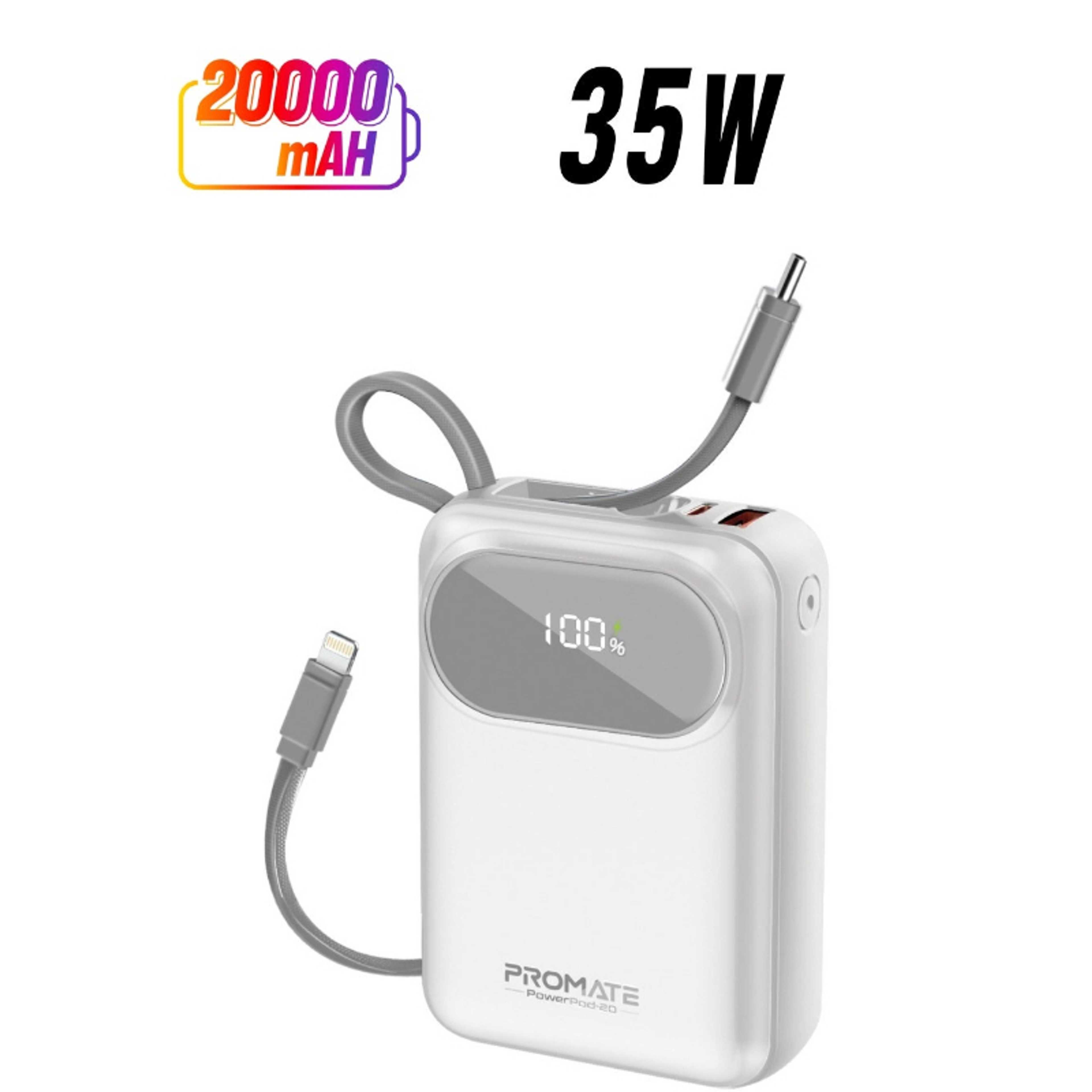 20000 mAh 20000 mAh Power Bank with Built-In USB-C And Lightning Cables, Compact Fast Charging Power Bank, 35W USB-C Power Delivery and 27W Lightning Charging, PowerPod-20 White - Product Main Image