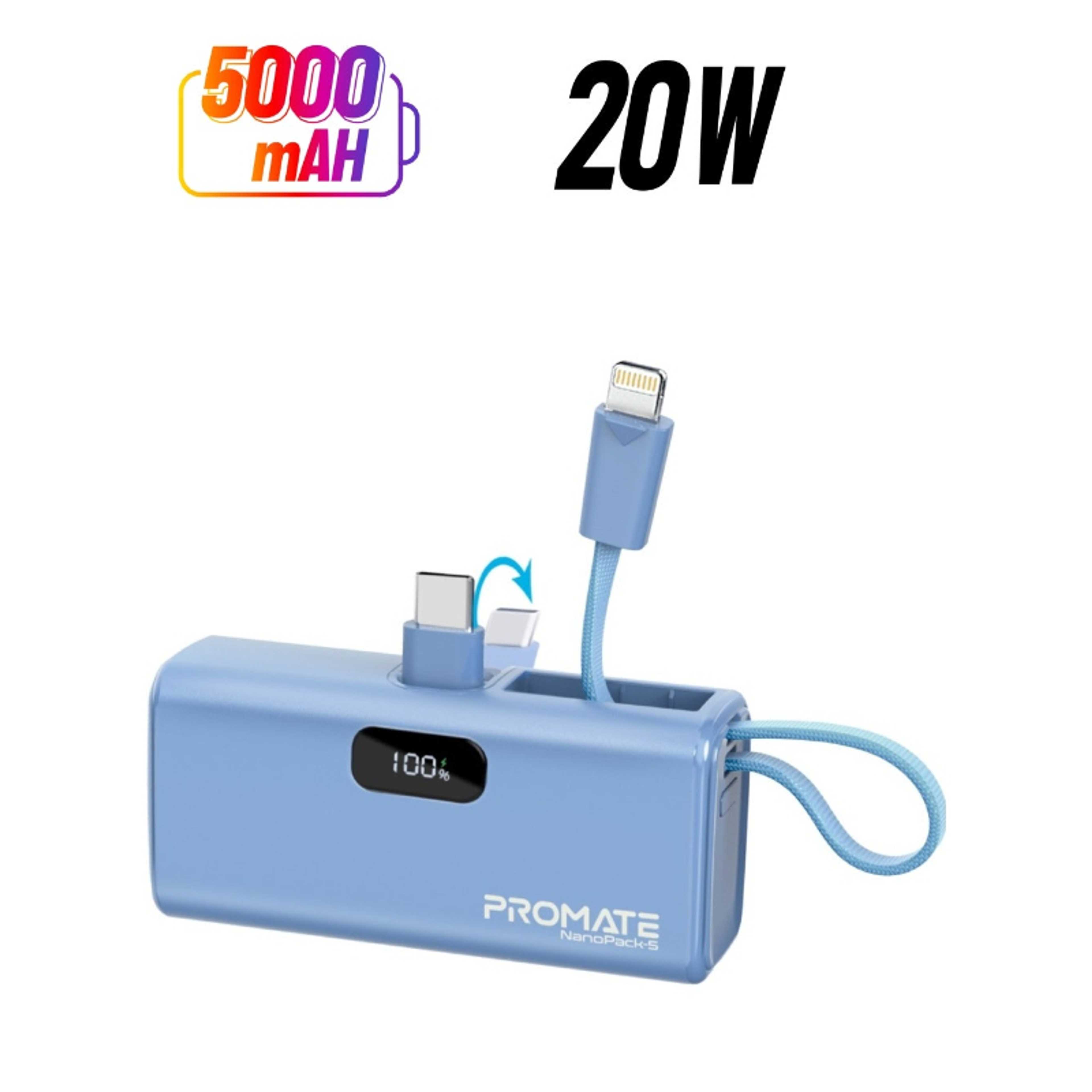 5000 mAh Compact Power Bank Universal With Portable Charger And Built-In Lightning Cable Foldable USB-C Connector LED Display Blue - Product Main Image