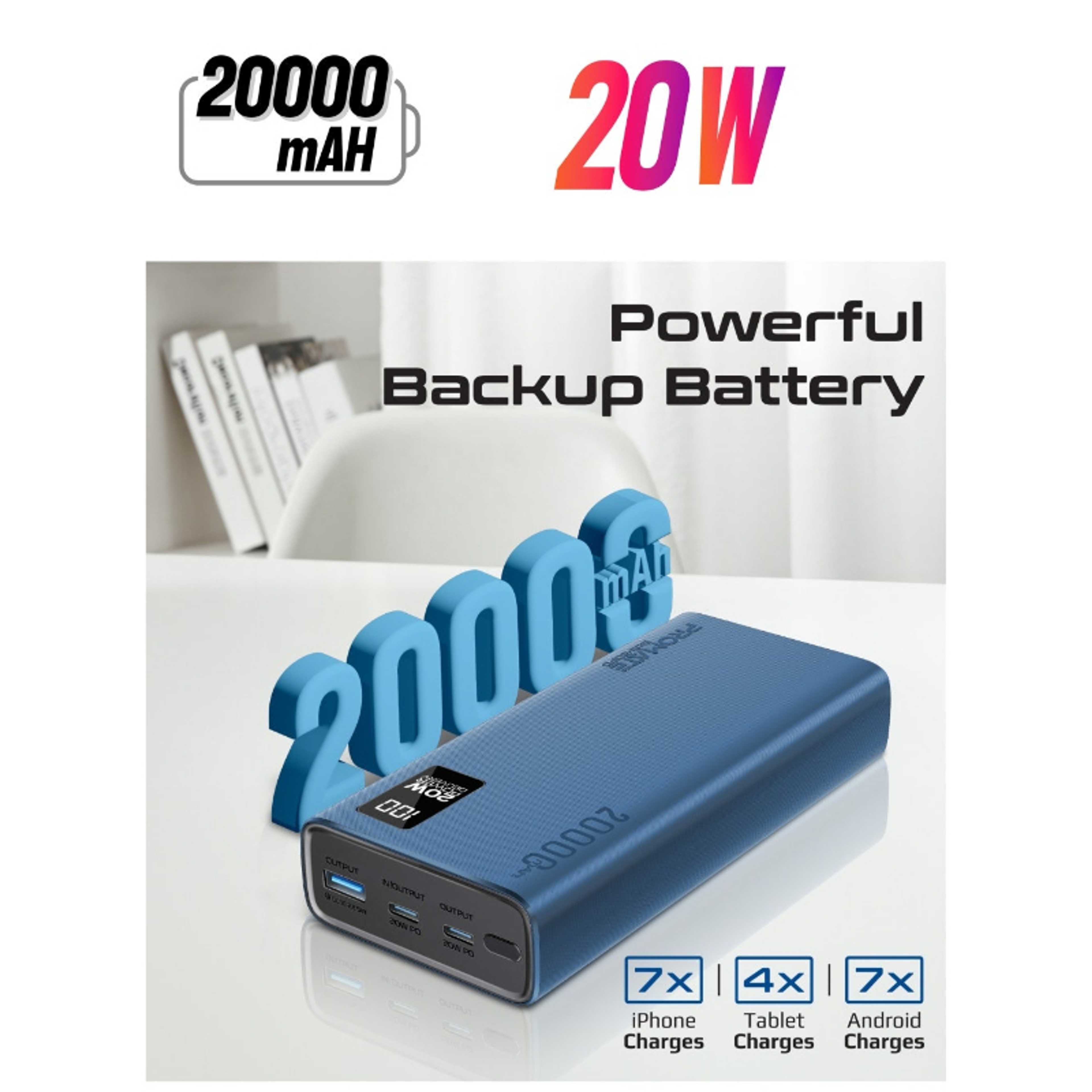 20000 mAh Power Bank Ultra-Slim With 20W USB-C Input/Output Port, QC 3.0 Output, USB-C Ports, LCD Screen, Bolt-20PD Blue - Product Main Image