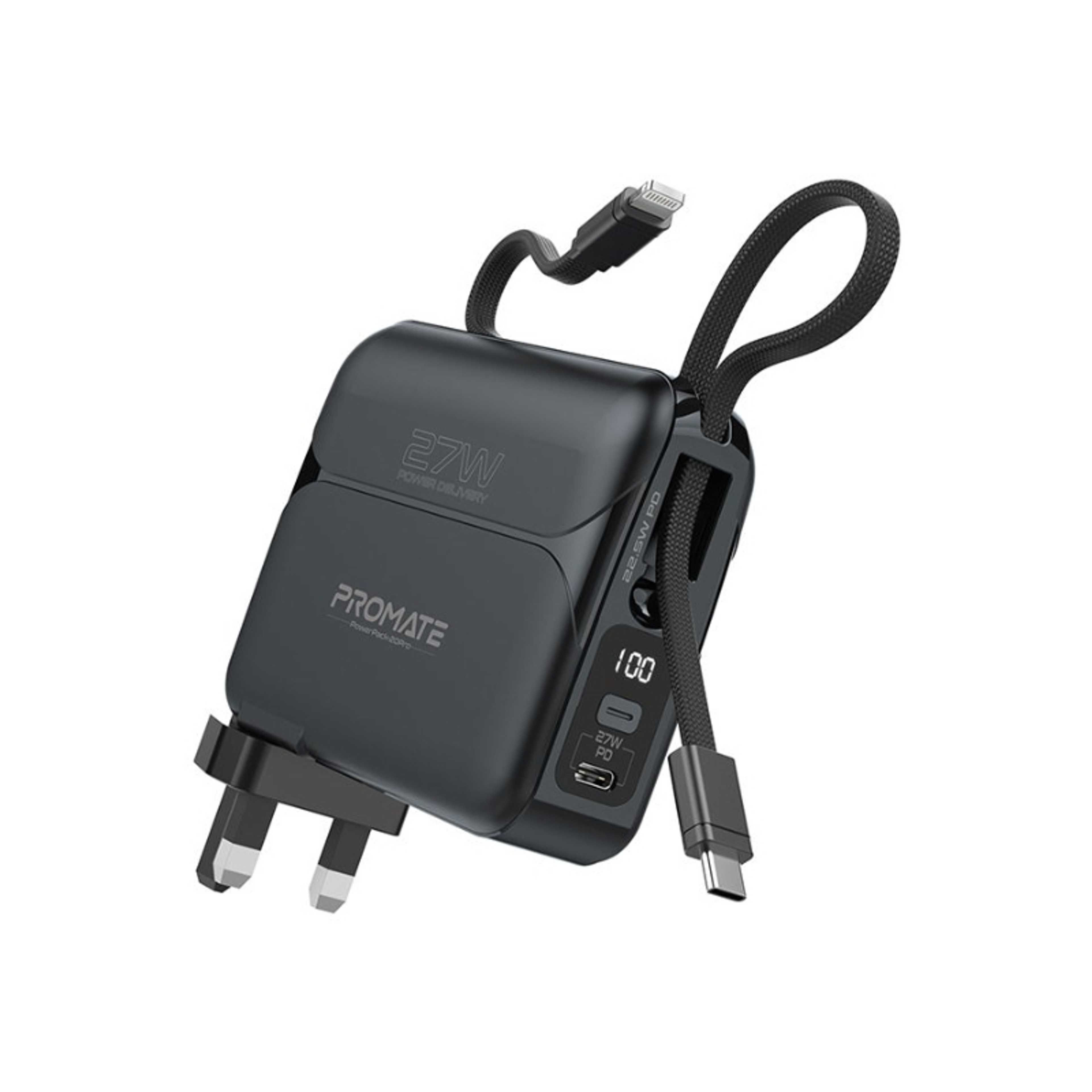 20000 mAh Ultra-compact 20000Mah Fast Charging Power Bank With AC Charger With 27W PD Usb-C And 12W Fast Lightning Charging Connector Black - Product Main Image