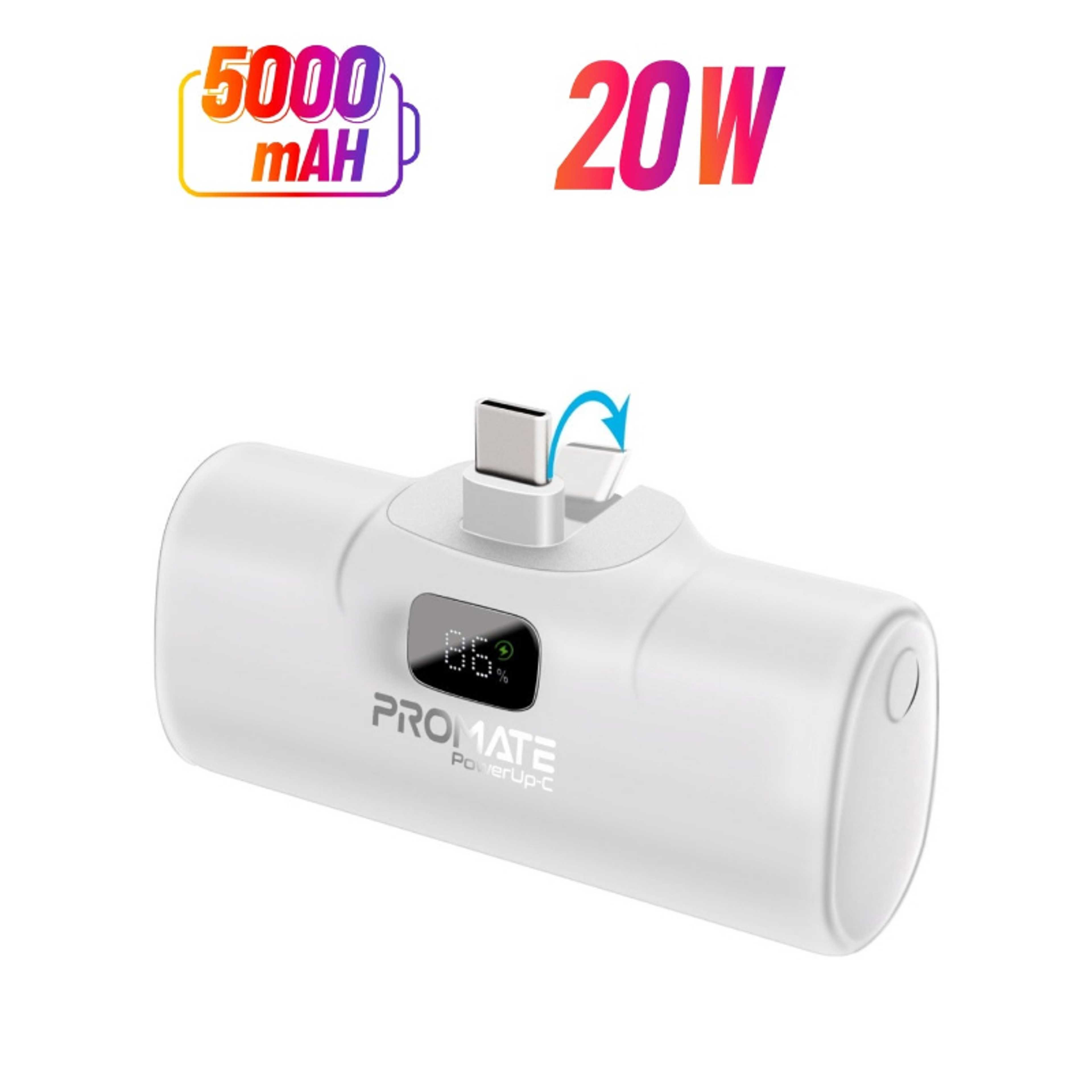5000 mAh 5000 mAh Promate Power Bank with Built-In USB-C Connector, Premium 5000mAh Mini Capsule Fast Charging, 20W USB-C Power Delivery, LED  Display and Foldable Kickstand, PowerUp-C White - Product Main Image