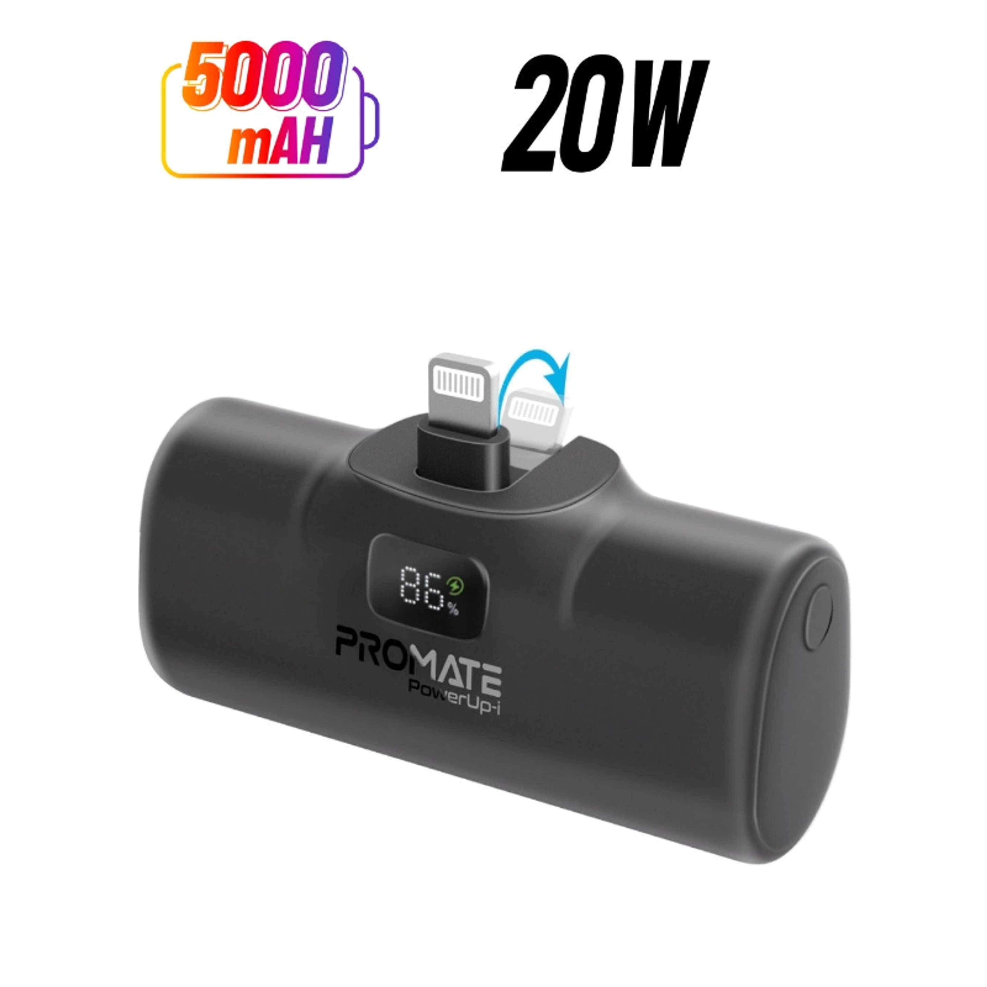 5000 mAh 5000 mAh Power Bank with Built-In Lightning Connector, Premium Mini Capsule Fast Charging, 20W USB-C Power Delivery, LED Display and Foldable Kickstand, PowerUp-i Black - Product Main Image