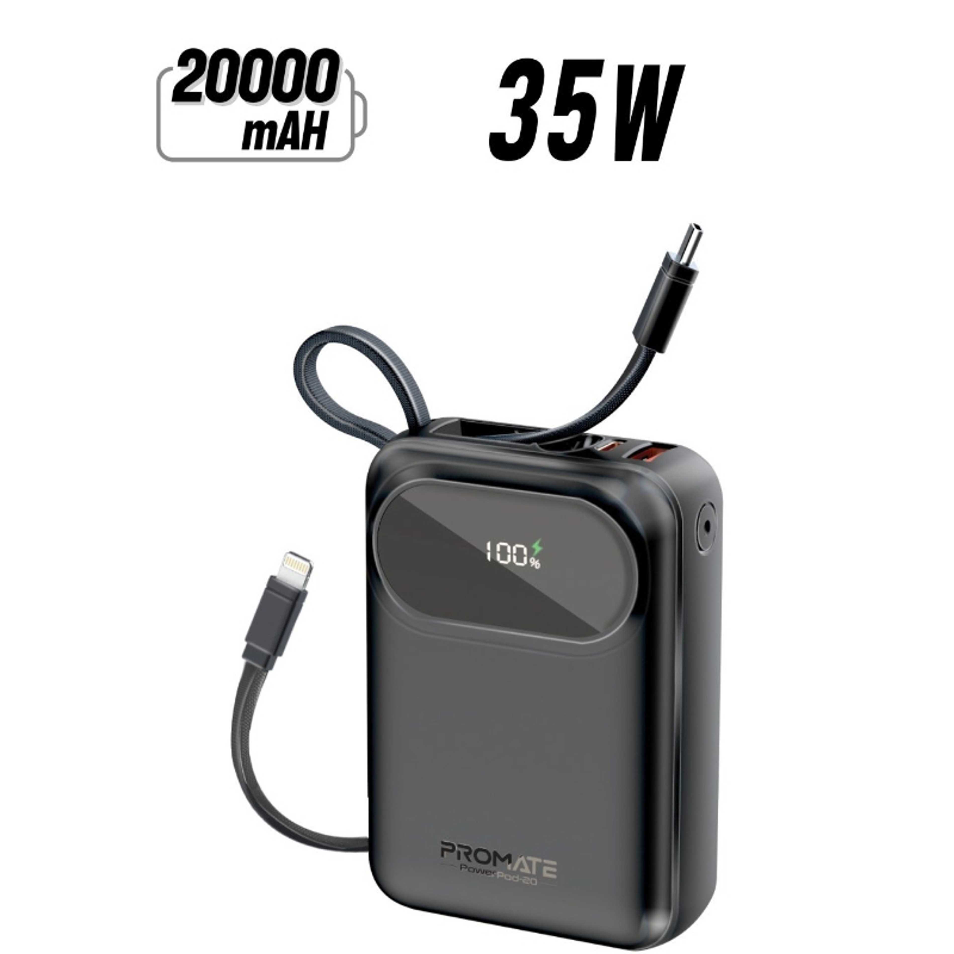 20000 mAh 20000 mAh Power Bank with Built-In USB-C And Lightning Cables, Compact Fast Charging Power Bank, 35W USB-C and 27W PowerPod-20 Black - Product Main Image