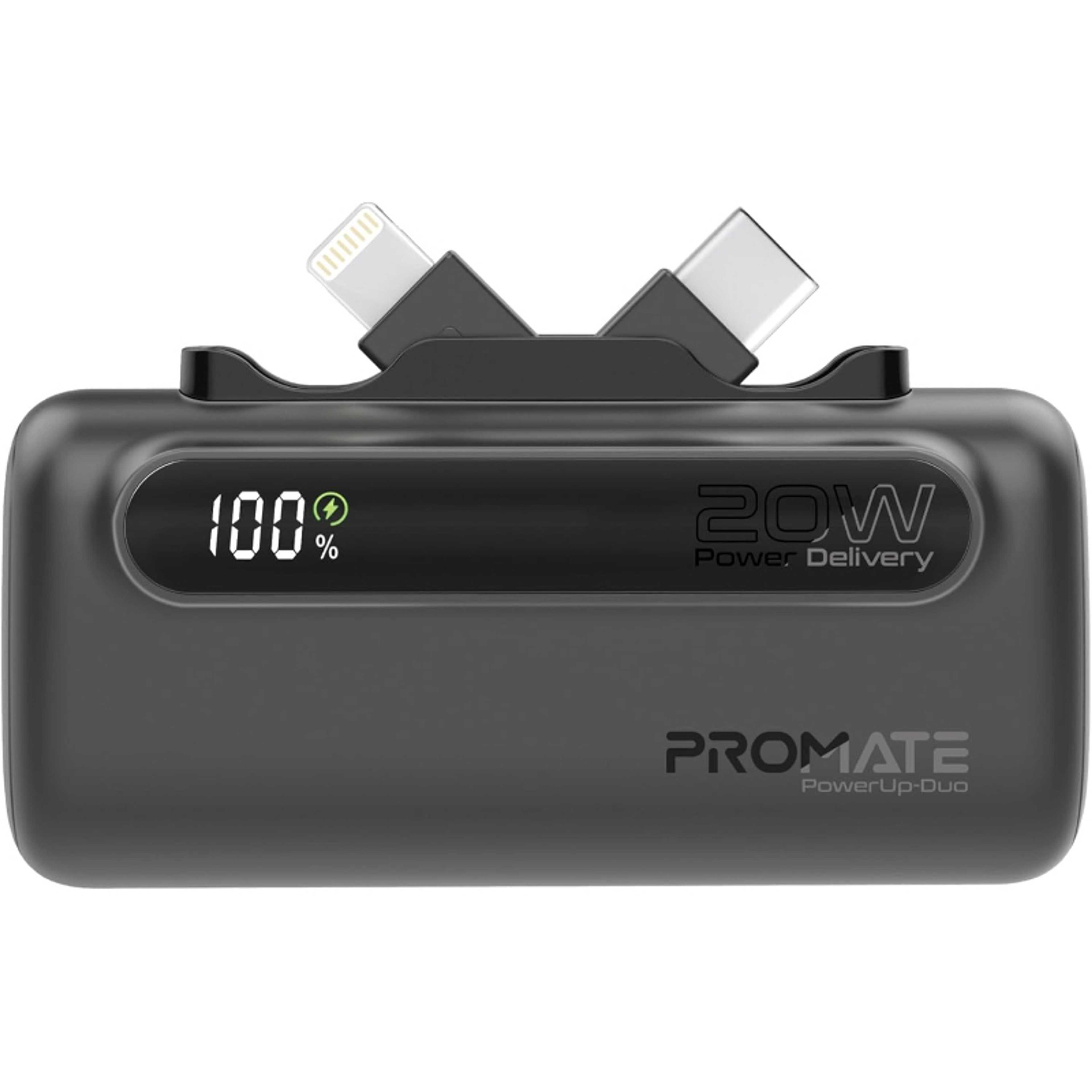 Promate Mini Power Bank, 5000mAh with 20W USB-C™ In/Out Foldable Connector, 12W Lightning Foldable Connector, LED Display, PowerUp-Duo - Product Main Image
