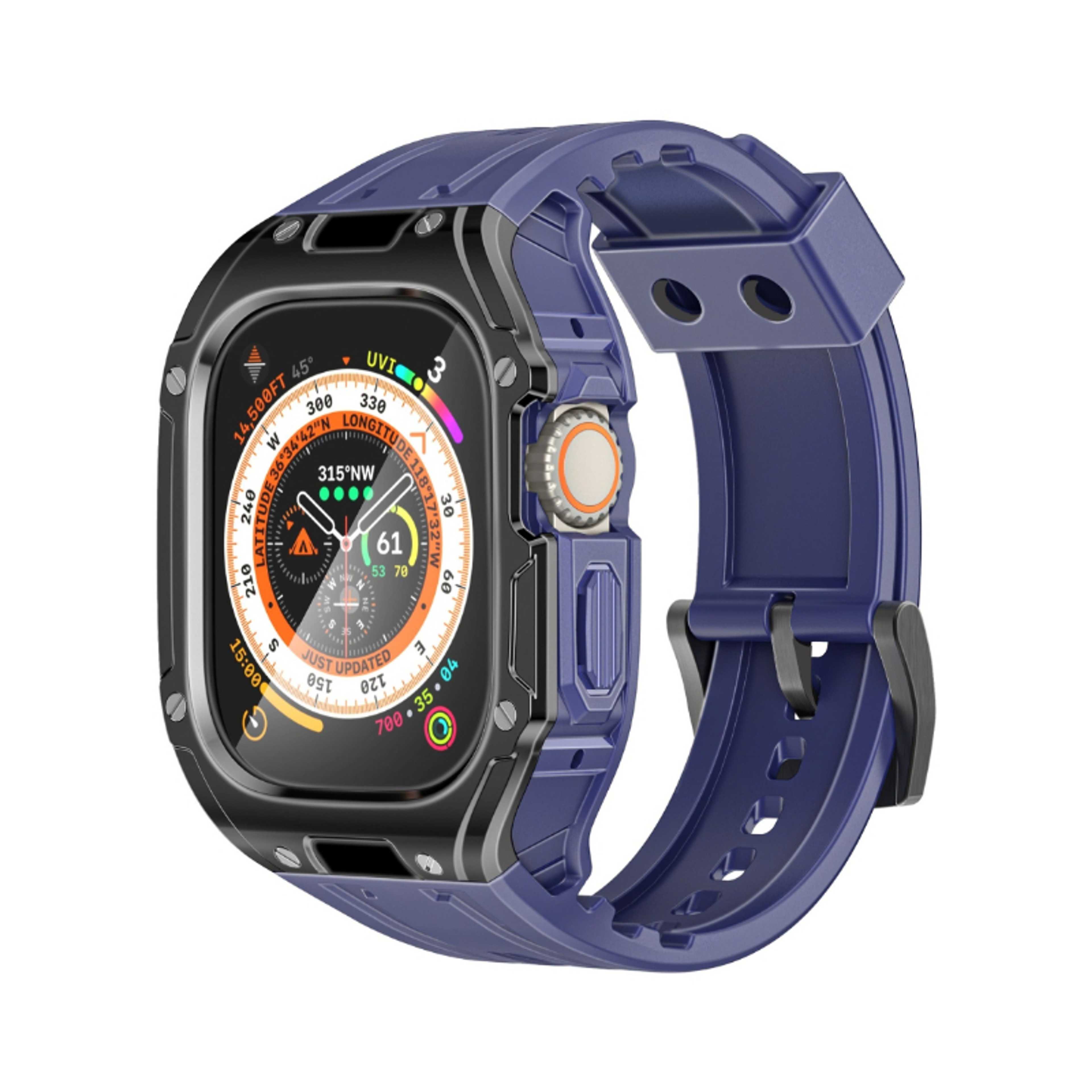 Promate Protective Apple Watch Case and Band with Secure Stainless-Steel Buckle, Lightweight Design, Bold Aesthetic Appeal, Scratch-Resistant TPU, Ergonomic Adjustable Fit, Shock-Resistant Materials, Sweat-Resistant Build,  for Apple Watch Ultra 1&3 Blue - Product Main Image