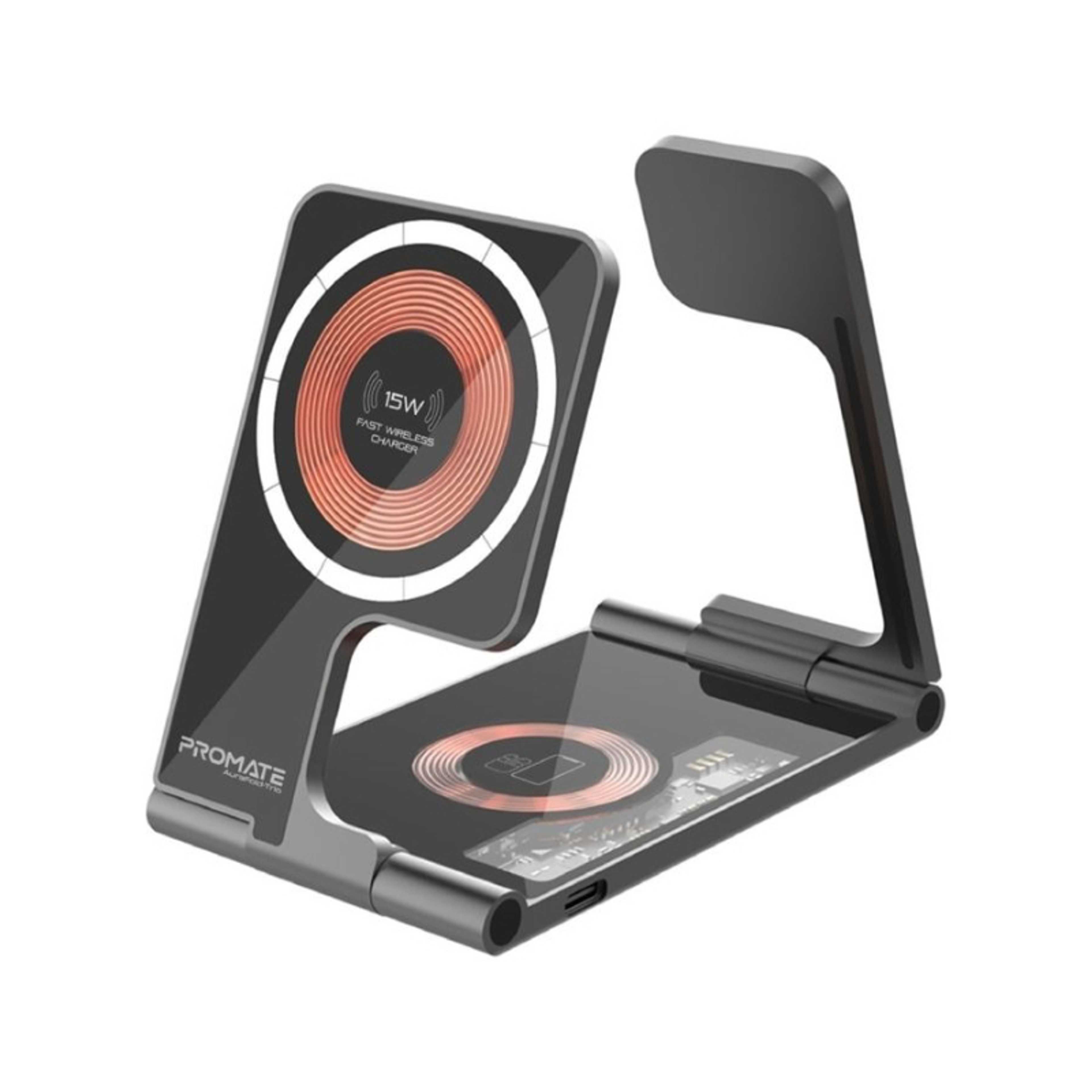 3-In-1 Ultra-Slim Foldable Structure Wireless Charger Transparent MagSafe 15W Charging Station Black - Product Main Image