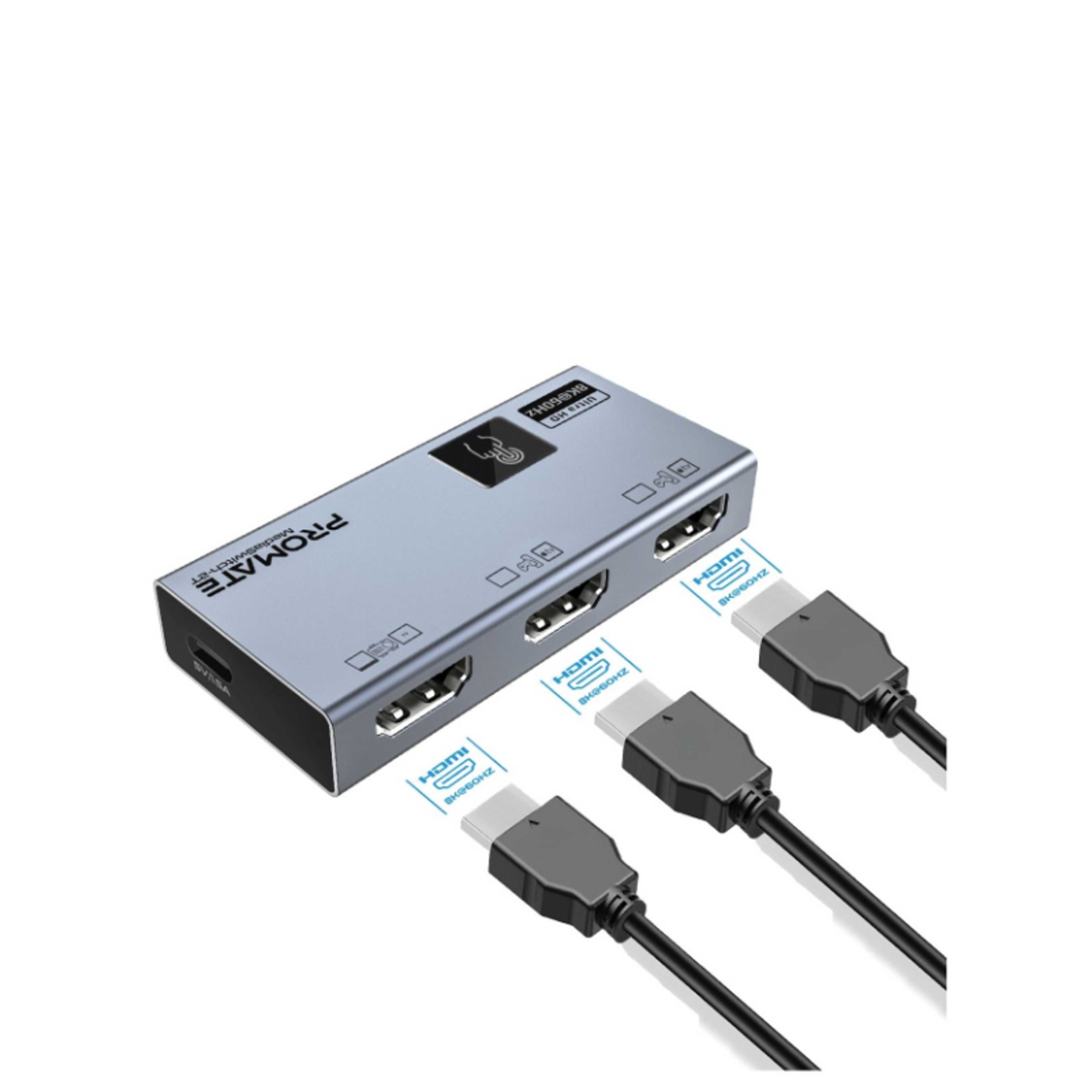 Promate 8K HDMI Switch, Portable 3 in-1 out HDMI Audio/Video Adaptor with 8K @60Hz Ultra HD Output, Triple HDMI Ports, Smart Touch Control, and Plug and Play support Grey - Product Main Image