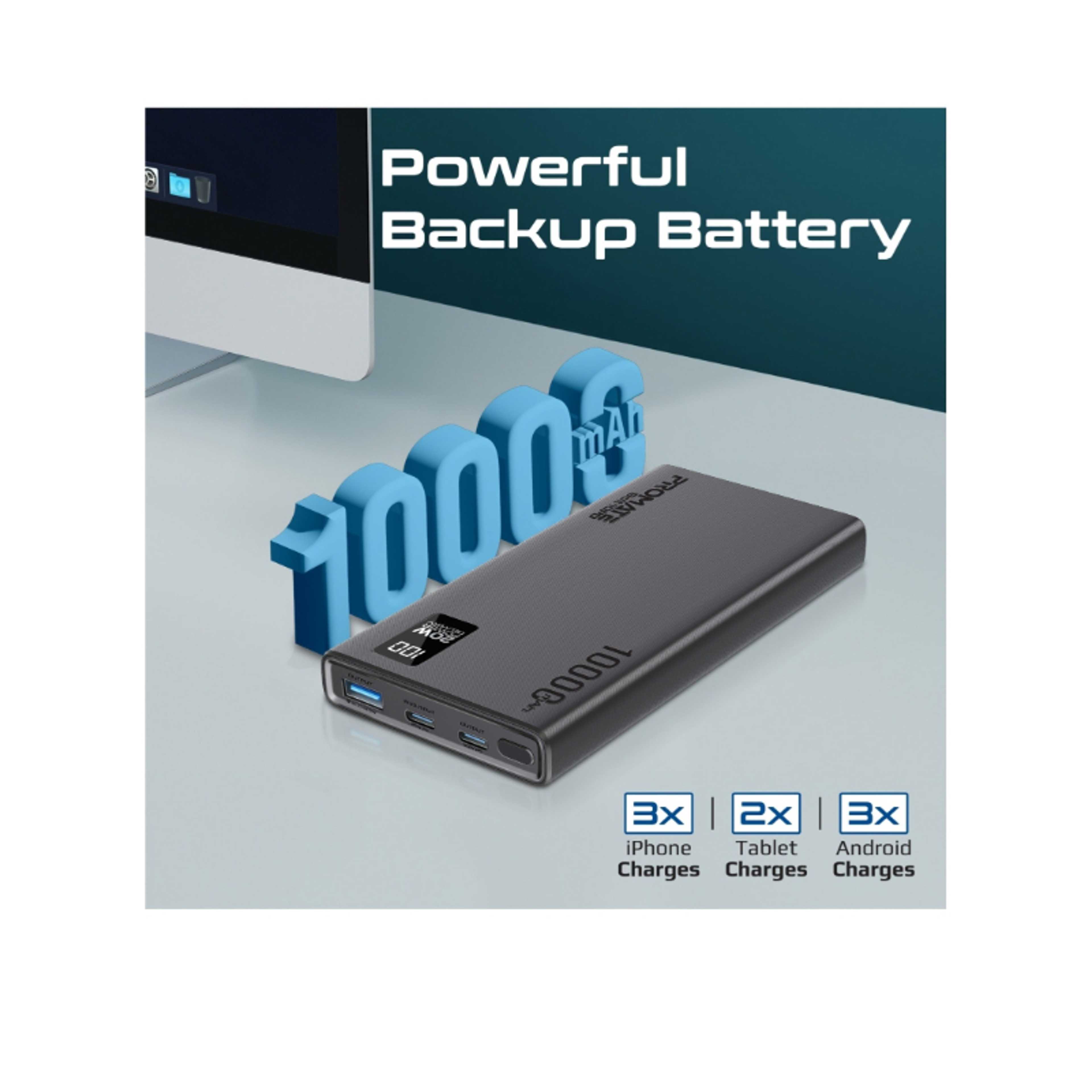 10000 mAh Ultra-Slim Power Bank With 20W USB-C Input/Output Port QC 3.0 Output Black - Product Main Image