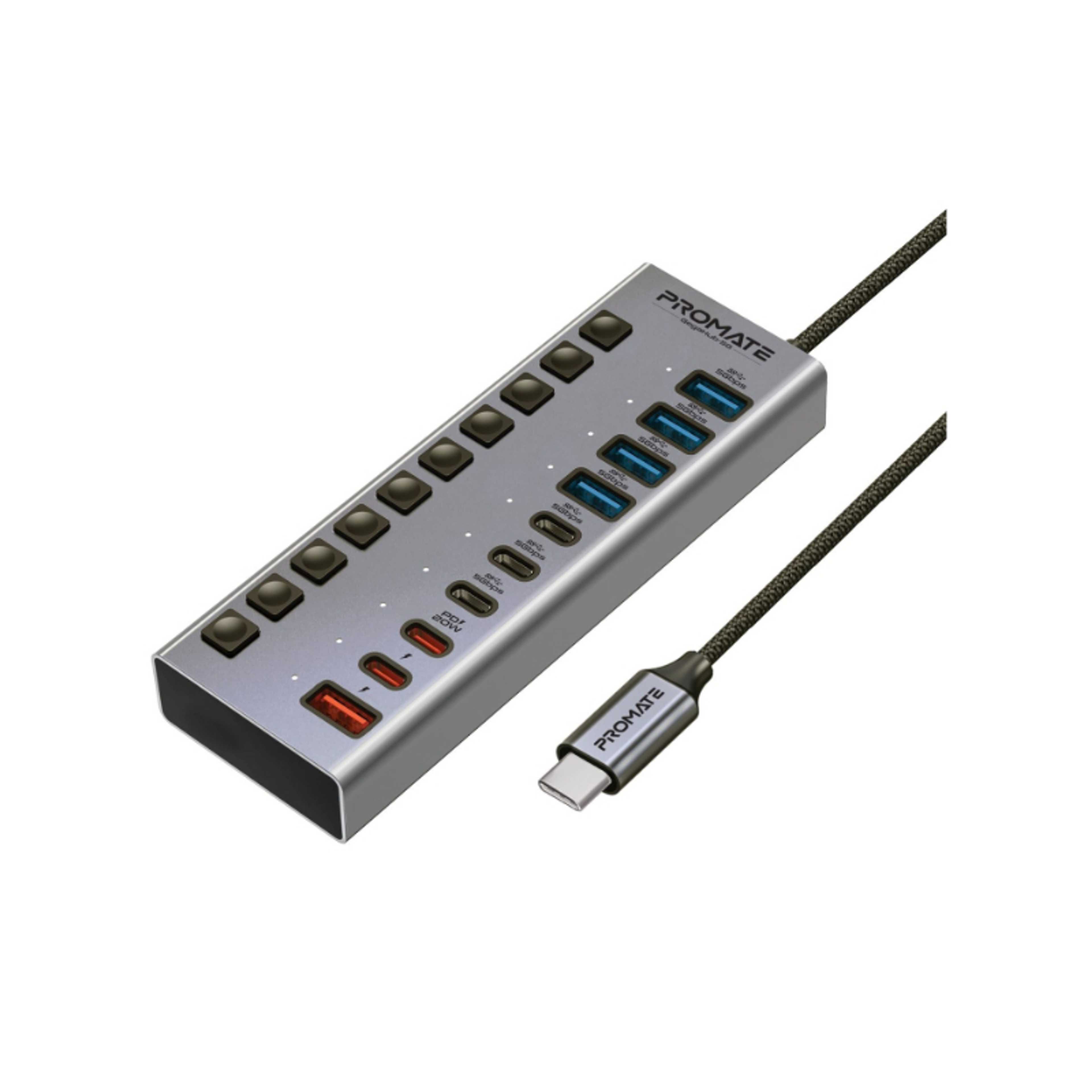 Promate 10 in 1 USB-C™ MultiPort Hub, 3 USB-C™ and  4 USB-A™ Ports with 5Gbps Data Transfer, Fast Charging USB-C and USB-A Ports, 20W USB-C™ PD Port with Individual Power Switches, GegaHub-5G Grey - Product Main Image