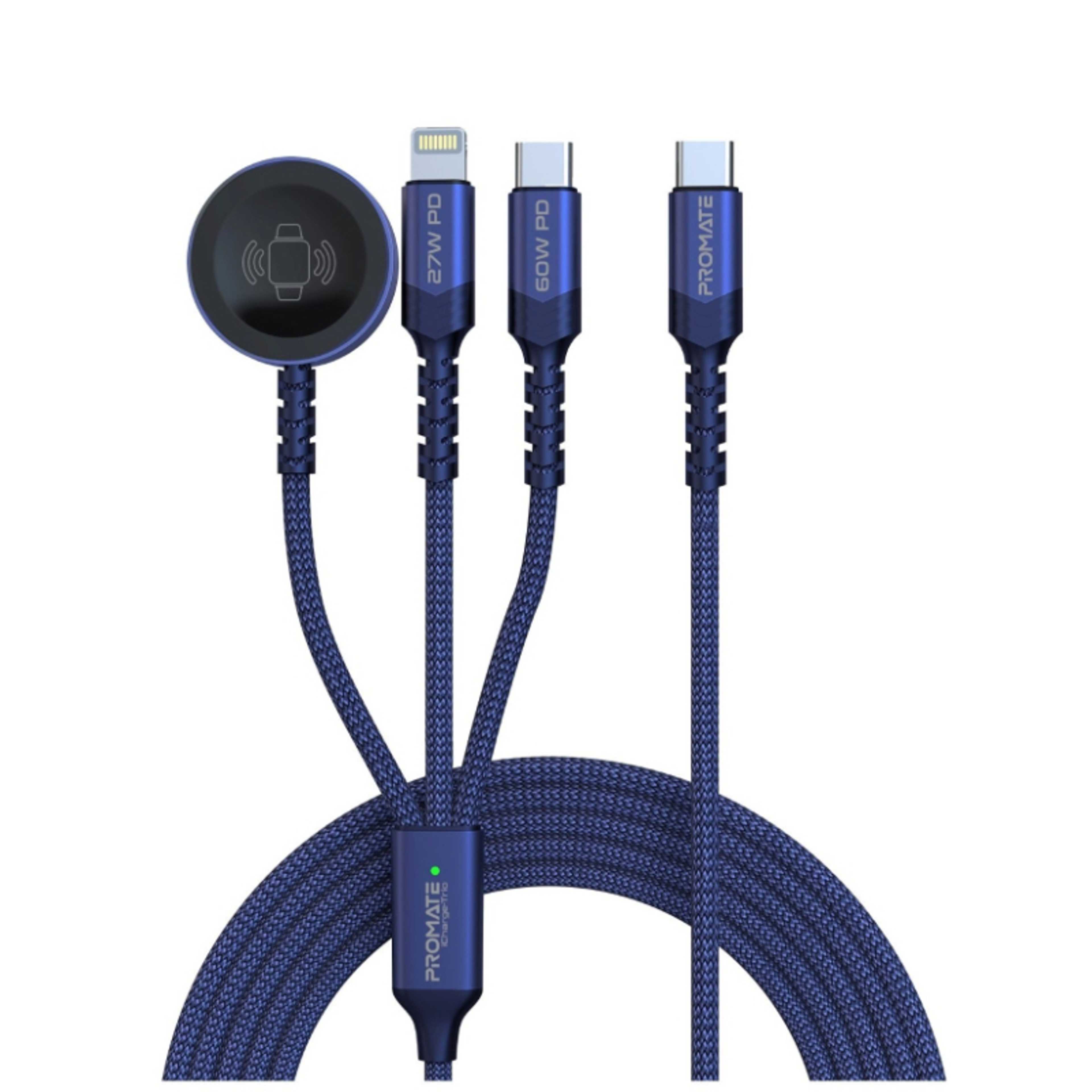 5-In-1 Multiple Charging Cable With Ultra-Fast 60W USB-C To USB-C 27W Lightning Connector And Apple Watch Charger 480Mbps Data Transfer Durable Fabric Braided Blue - Product Main Image