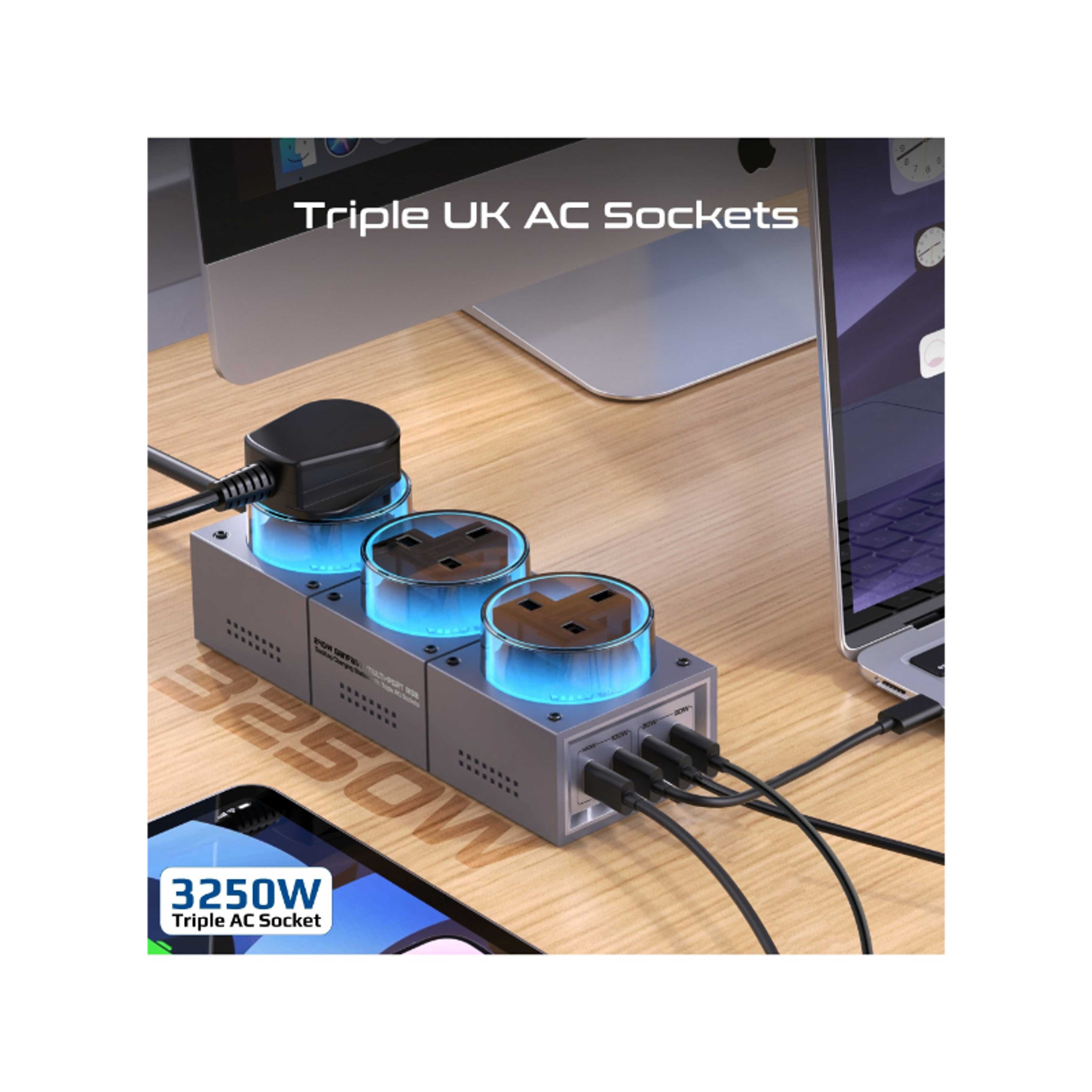 Promate 7-in-1 Multi-Port Charging Station, 240W GaNFast™ Power Extension with Three 3250W UK AC Sockets, PD140W USB-C&PD100W USB-C Ports, 2 PD30W USB-C™ Ports, 3m Cable, RGB Lights, PowerBrix-GaN240 - Product Main Image