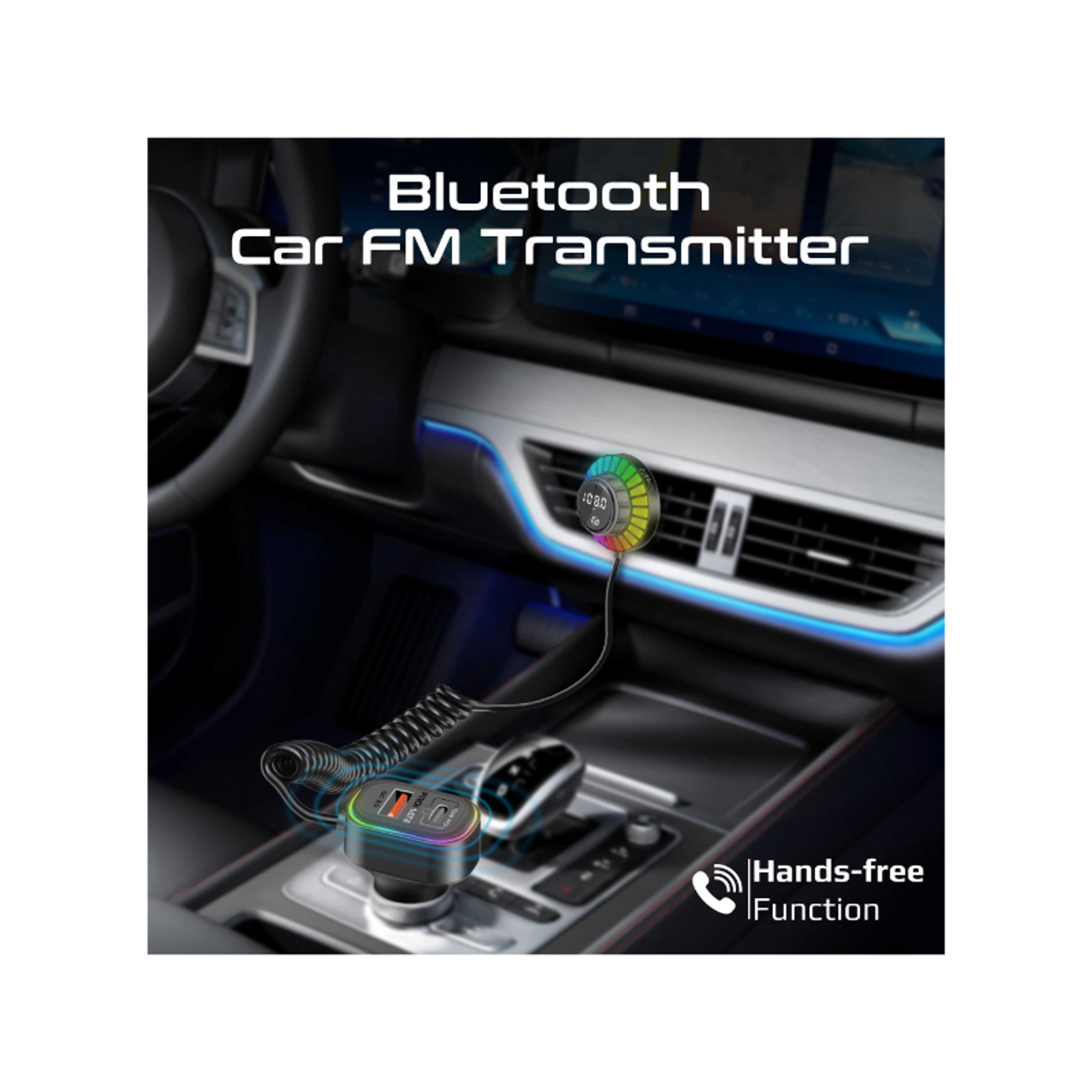 Promate Bluetooth FM Transmitter with Super-Charge PD30W USB-C Port, QC3.0 18W, AC Vent & Dashboard Compatible 1.5m built-in Controller,  RGB Lights, Built-In Mic, SmarTune-EXT - Product Main Image