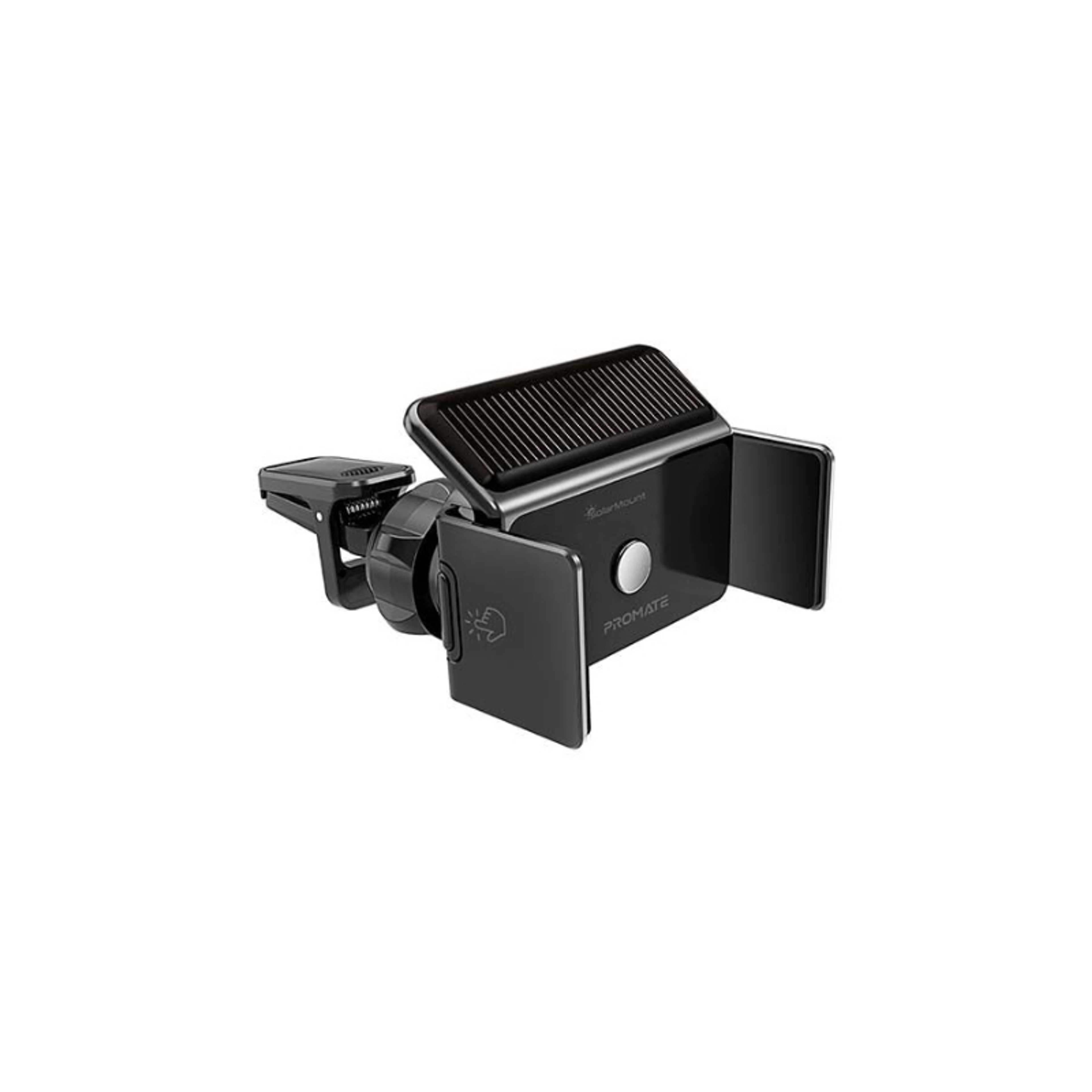 Solar Powered Car Phone Holder, Eco Powered AC Vent Mount Holder With Secure Auto Clamping, 360 Degree Rotation, One Touch Release And Stable Mounting For Apple iPhone 13, Galaxy S21, GPS Black - Product Main Image