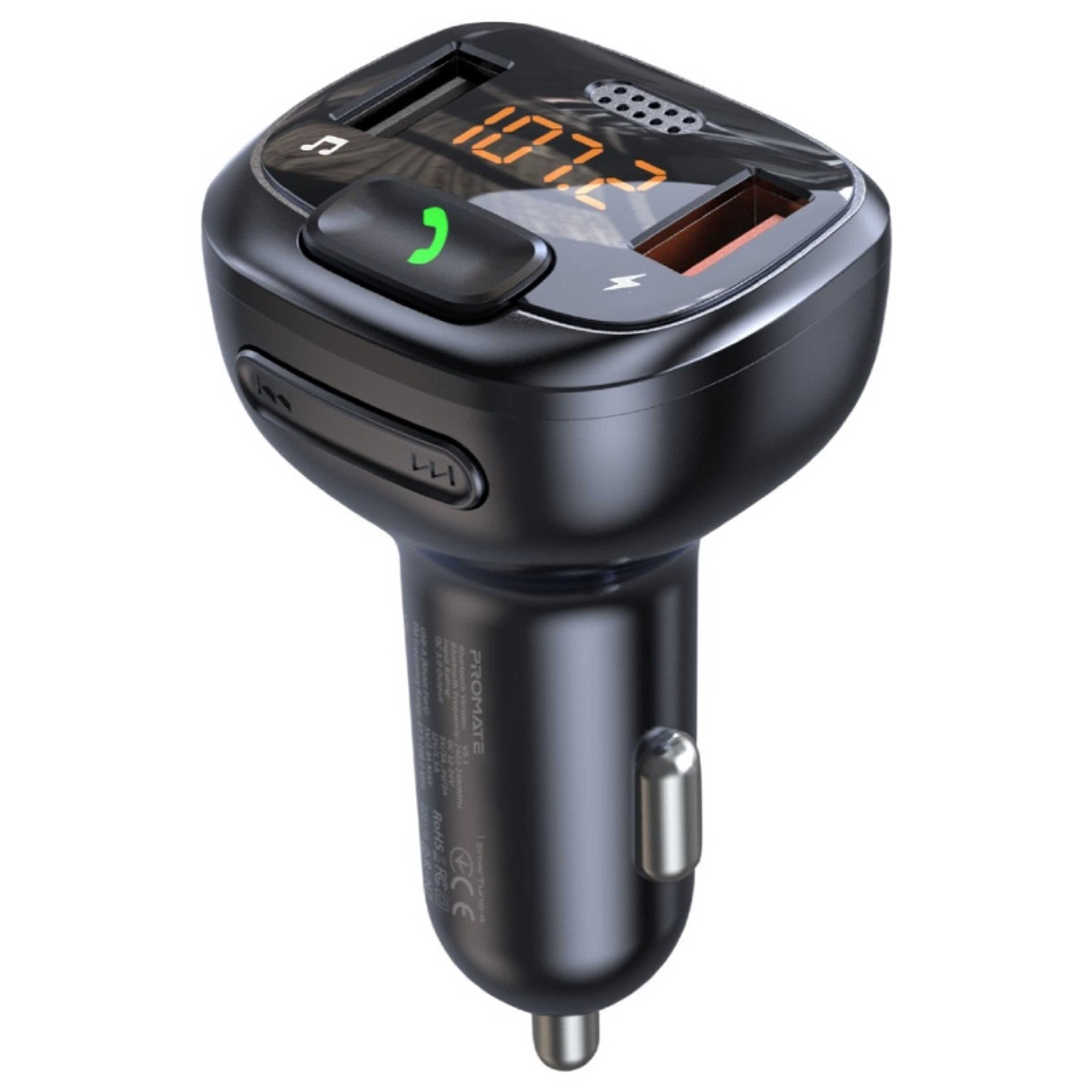 Promate Wireless FM Transmitter, In-Car Bluetooth V5.1 Transmitter Car Kit with 18W Quick Charge 3.0 Port, USB Media Port, Noise Cancelling Mic and LCD, SmarTune-4 - Product Main Image