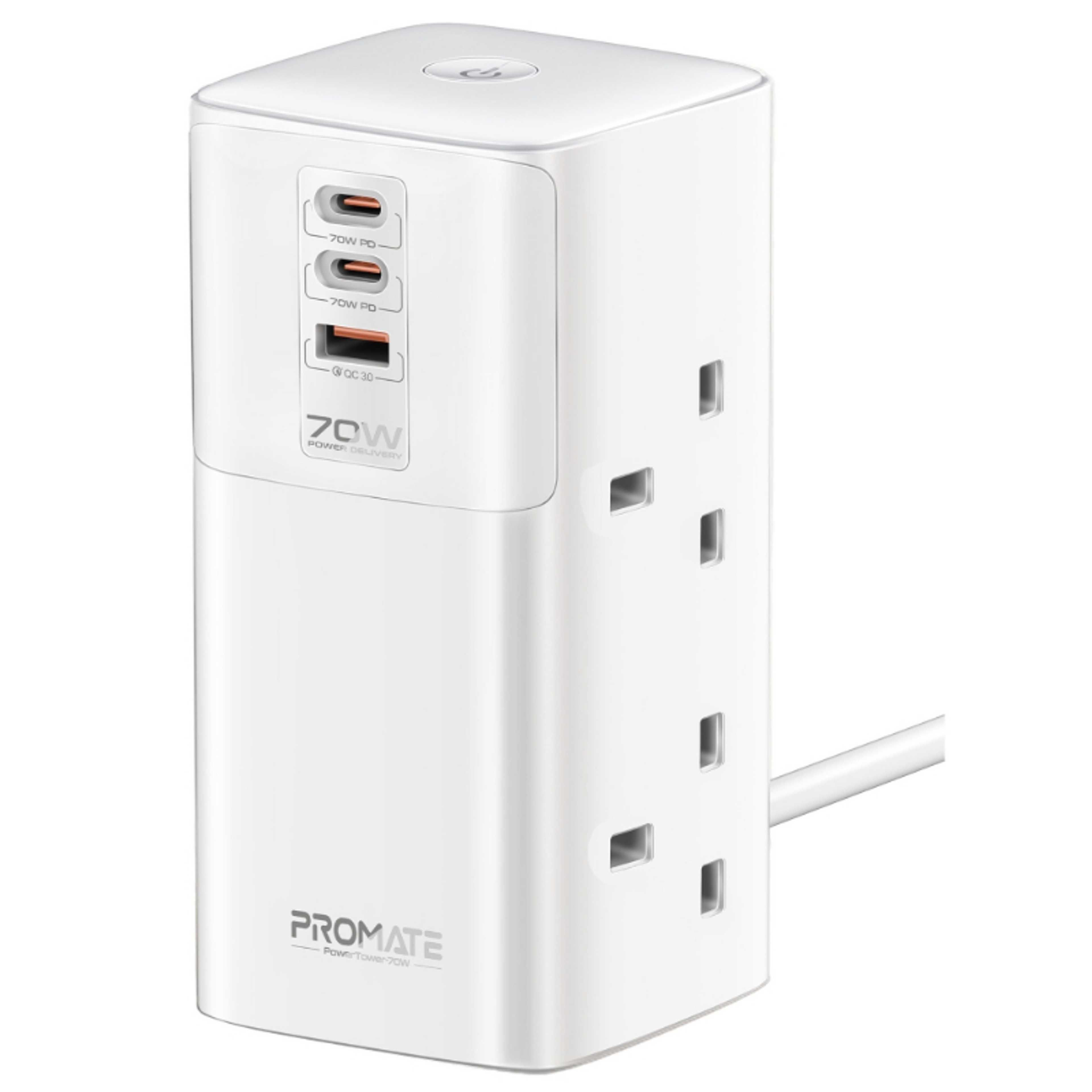 Promate Charging Station 70W Multi-Port with USB-C Ports & Quad AC Sockets Universal 2500W, Tower Design Power Strip, 3m Cable Length - Product Main Image