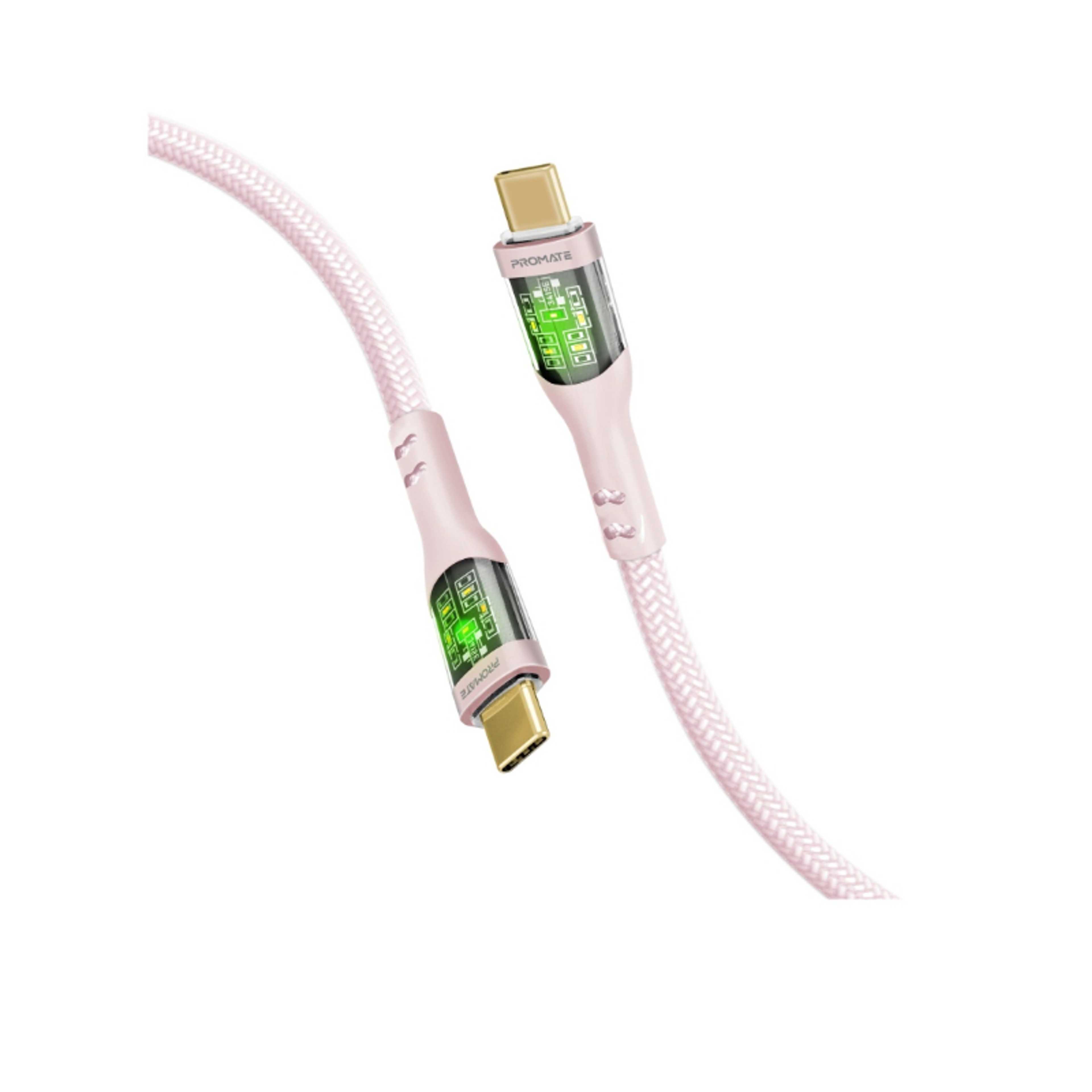 USB-C Charging Cable, Stylish Transparent Shelled Type-C Cable with 60W Fast Power Delivery, 480Mbps Data Transfer and Durable 120cm Nylon Braided Cord,  TransLine-CC Pink - Product Main Image