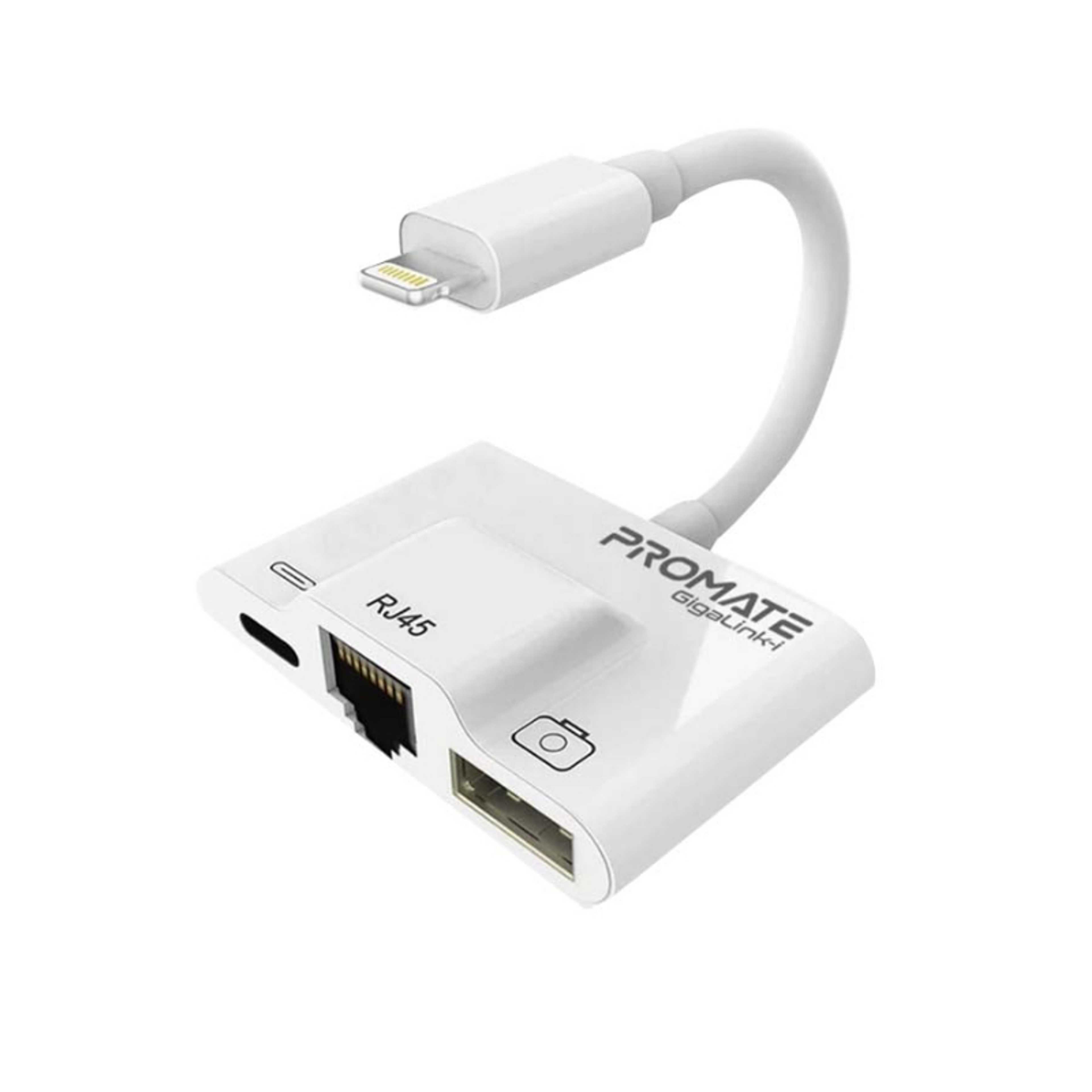 USB Hub, 3 in 1 RJ45 Ethernet LAN Wired Network Adapter with USB OTG Camera Adapter Kit and 2A Pass-Through Charging and Syncing Adapter for iPhone XS Plus/iPad/iPad Pro, GigaLink-I White White - Product Main Image