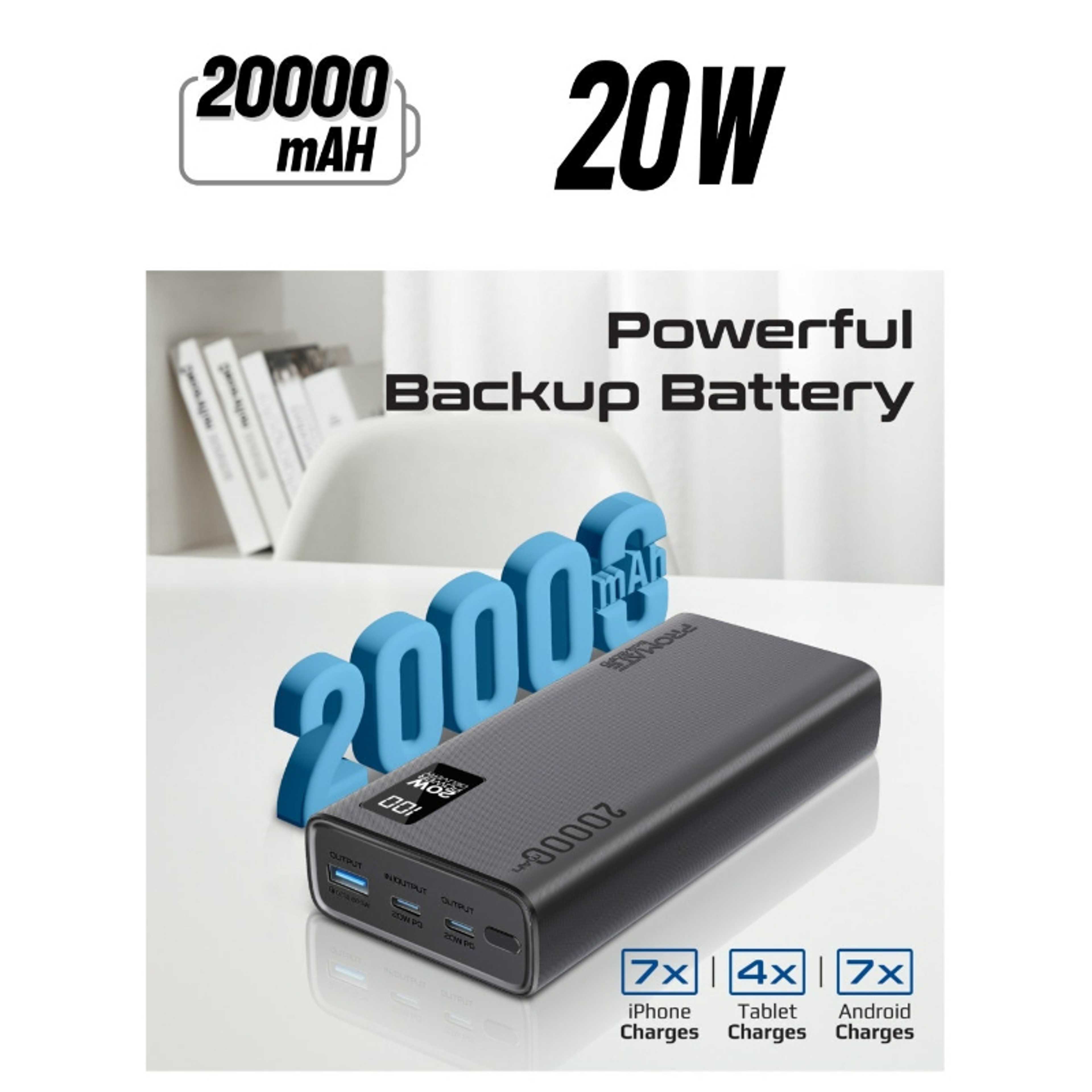 20000 mAh Ultra-Slim Power Bank With 20W USB-C Input/Output Port QC 3.0 Output Black - Product Main Image