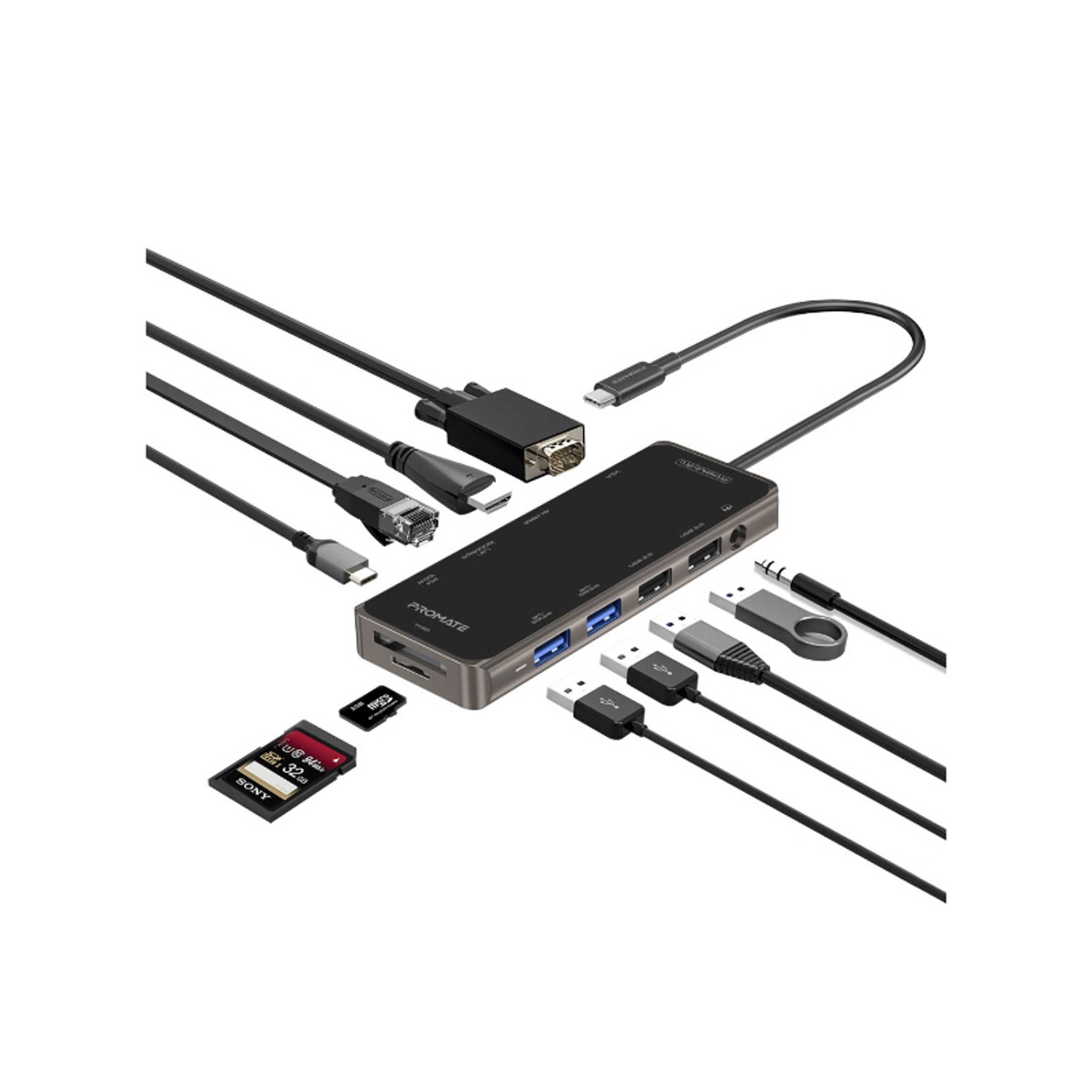 Promate USB-C Hub, 11-in-1 Type-C Multi-Port Adapter with 100W USB-C Power Delivery, 4K HDMI, 1080 VGA Port, RJ45 Port, AUX, TF/SD Card Slot and 4 USB Ports for MacBook Pro, MacBook Air, XPS, PrimeHub-Pro Black - Product Main Image