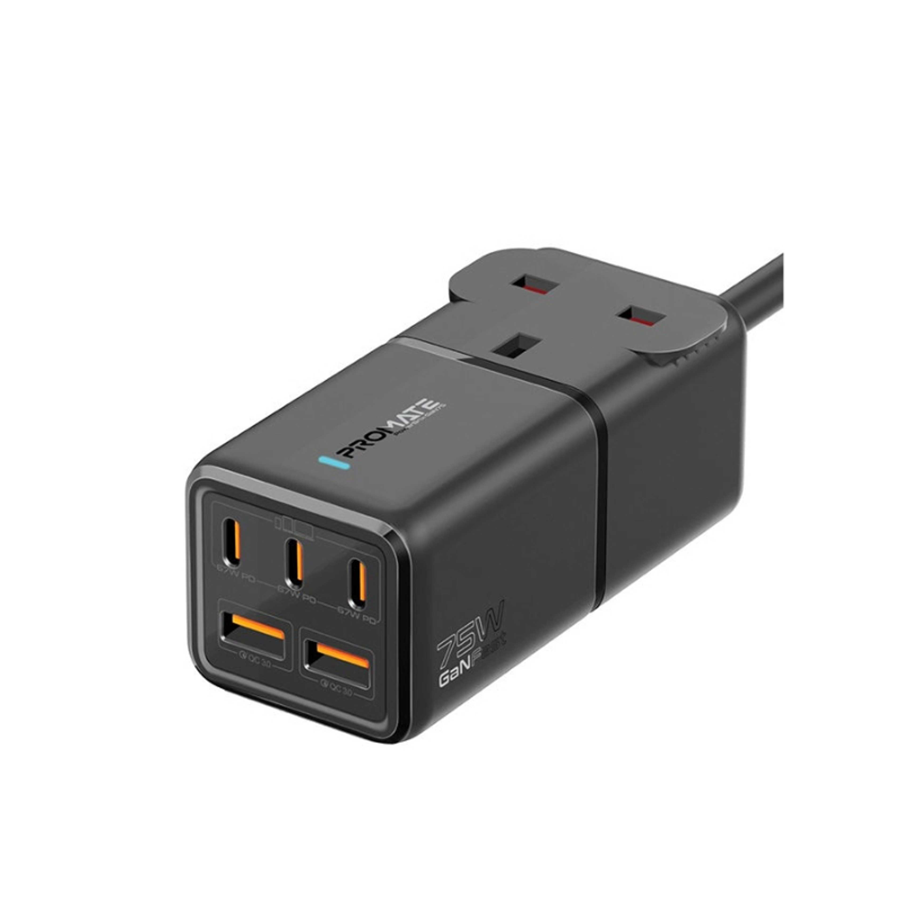6-In-1 Multi-Port 75W GaNFast Power Extension With 3250W AC Socket Black - Product Main Image