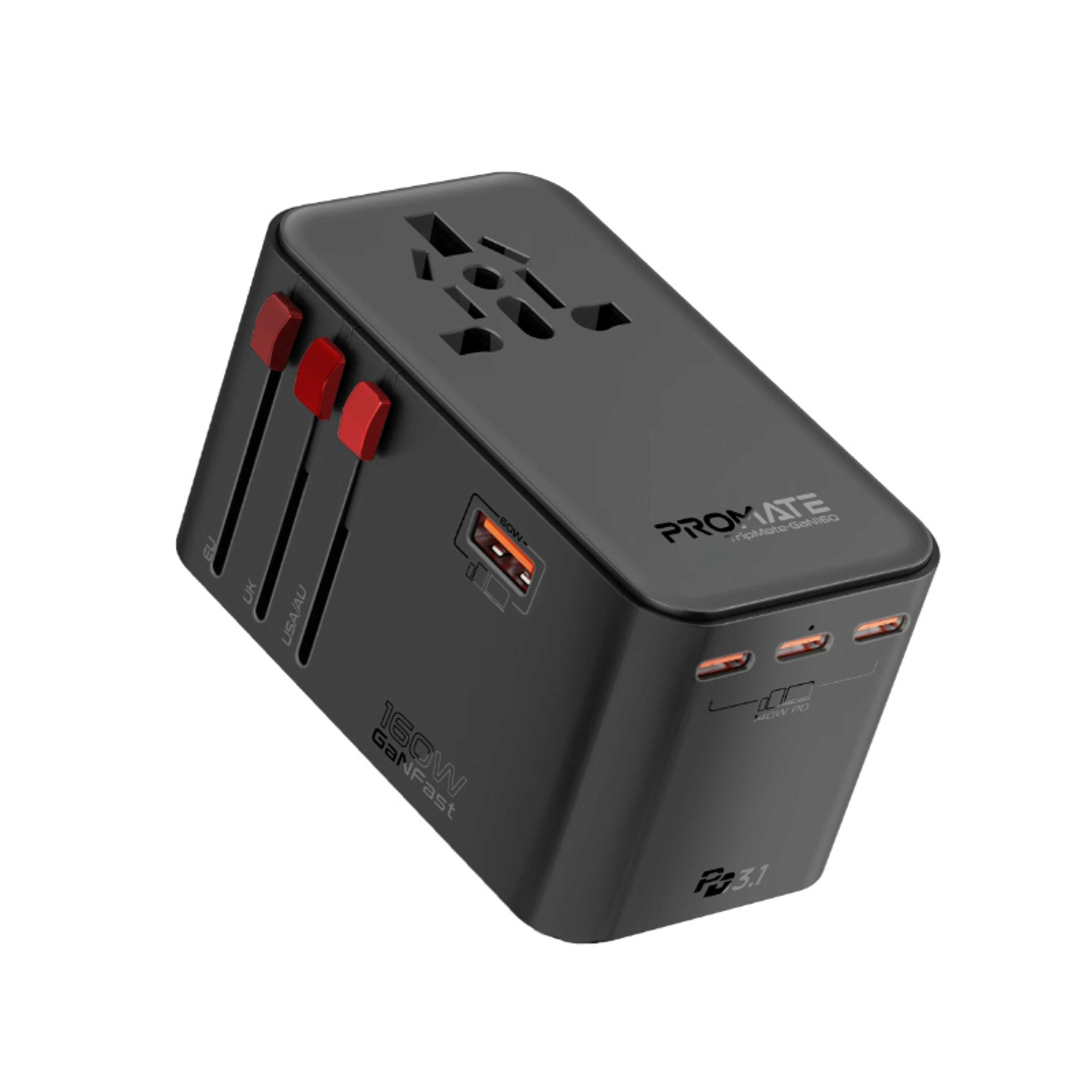 Compact 160W Travel Adapter with 2500W Universal AC Socket, GaNFast™ Technology, Triple PD140 USB-C Ports, 60W USB-A Port, US/UK/EU/AU Plugs, 10A Fuse Rating and Multi-Protect Safety System, TripMate-GaN160 Black - Product Main Image