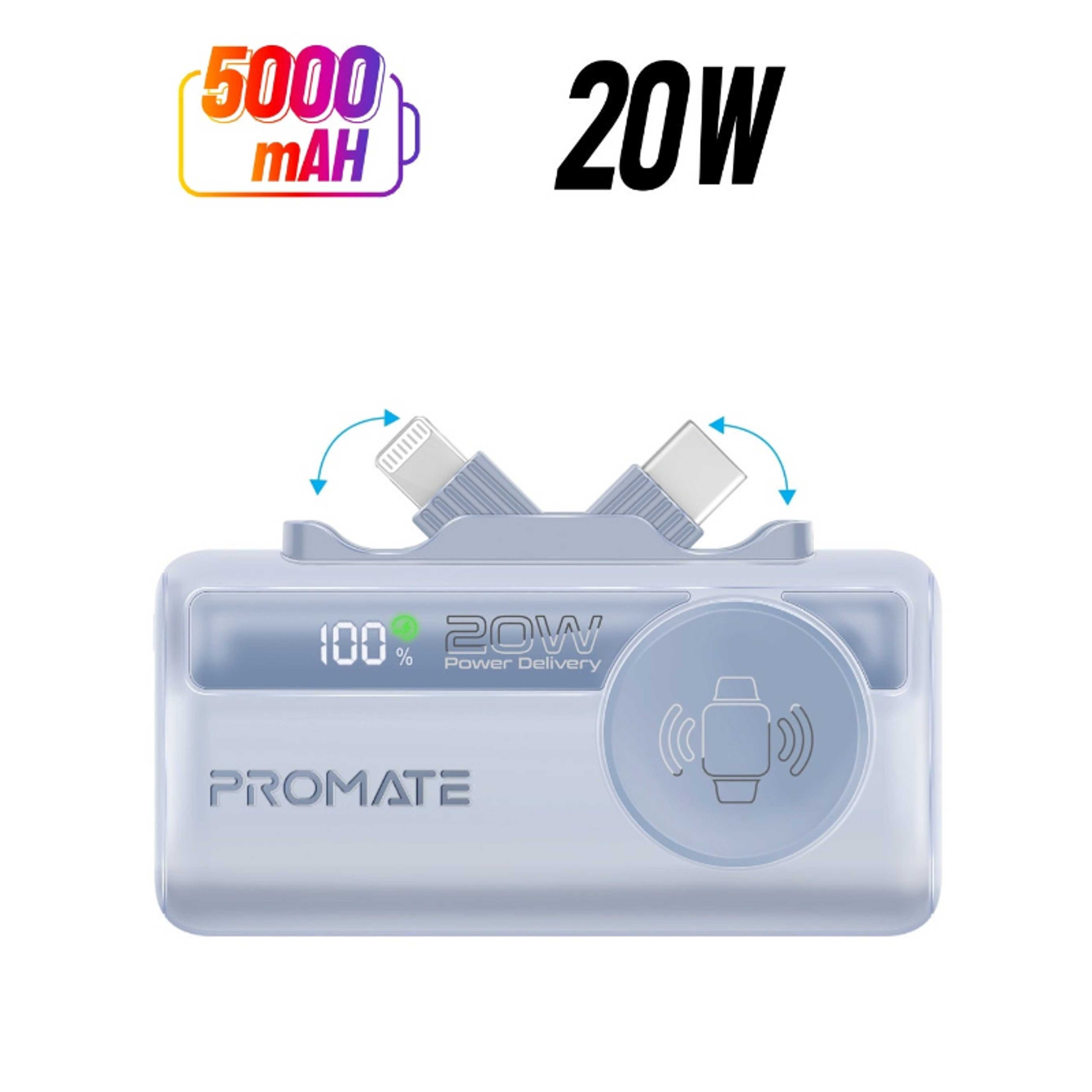 5000 mAh 3 in 1 Mini Power Bank With 20W USB-C™ In/Out Foldable Connector, 12W Lightning Foldable Connector, Wireless  Apple Watch Charger, LED Display Blue - Product Main Image