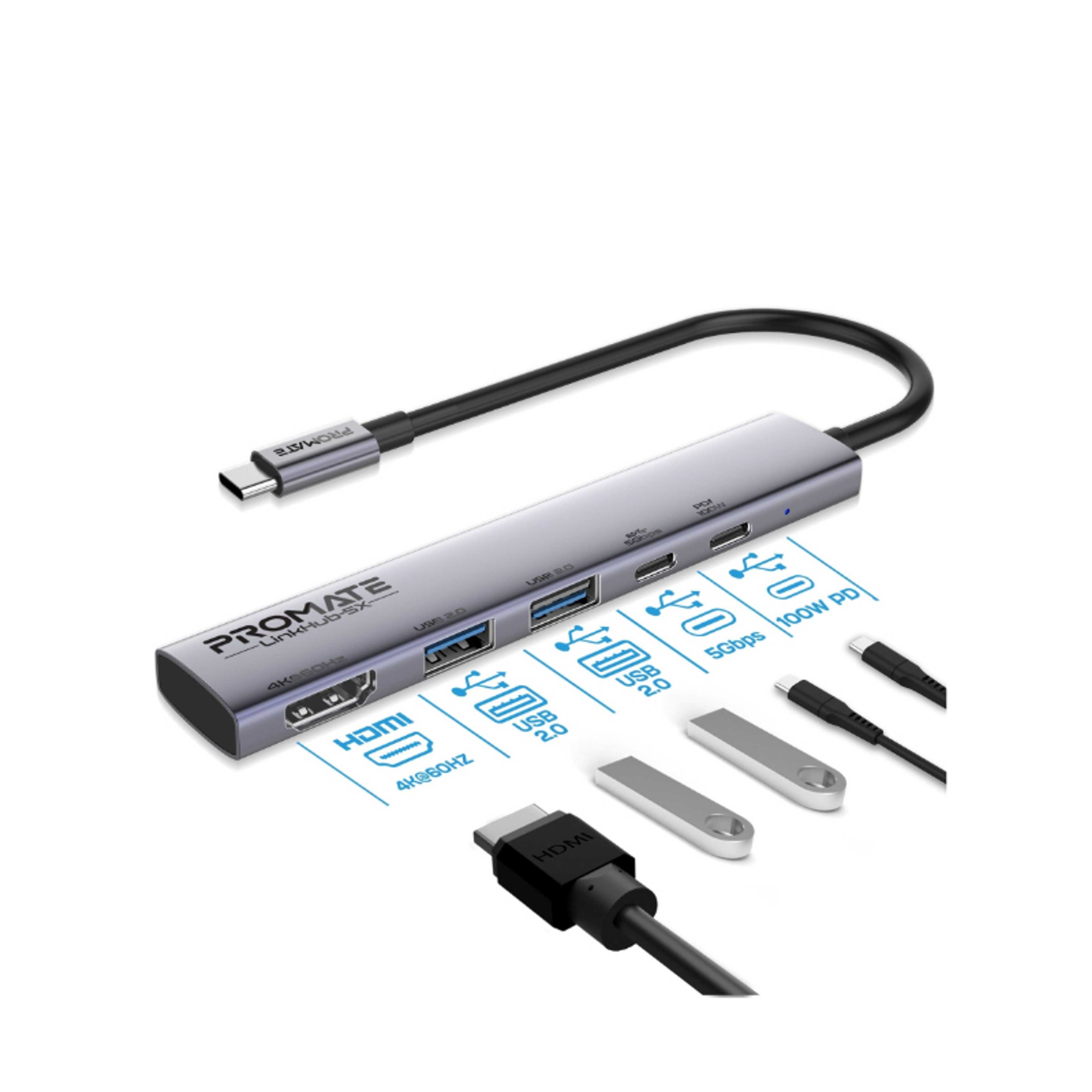 UCB-C 5-in-1 Multiport Hub features 2 USB-A ports with 5Gbps speed, 1 USB-C port with 100W Power Delivery, 480Mbps USB-C port, 4K@60Hz HDMI port Black - Product Main Image