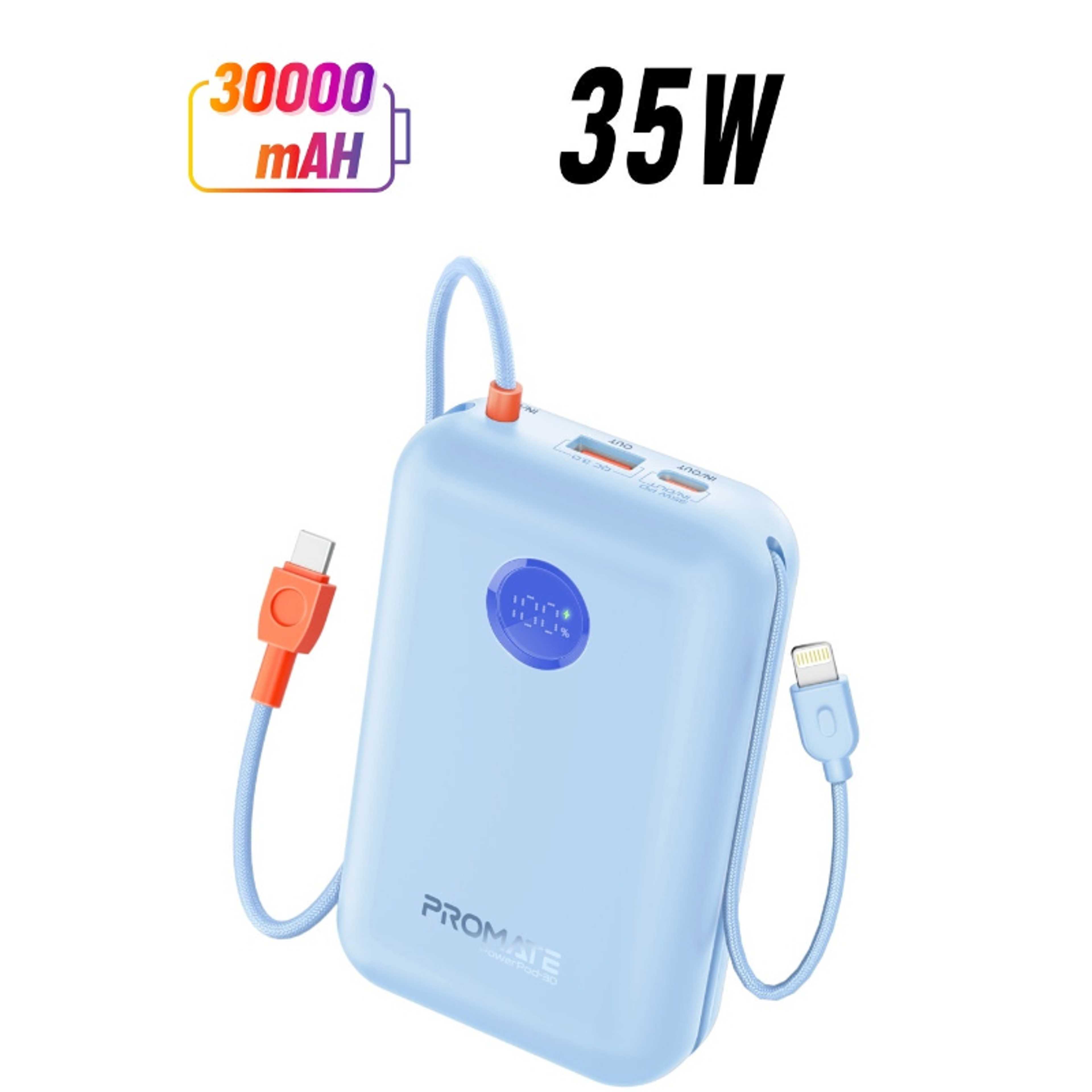 30000 mAh 4 in 1 High-Capacity Power Bank 35W, With Built-In USB-C Cable, 27W Lightning Cable and Dual PD35W USB-C Port, Safety Protection, and Qualcomm Quick Charger Blue - Product Main Image