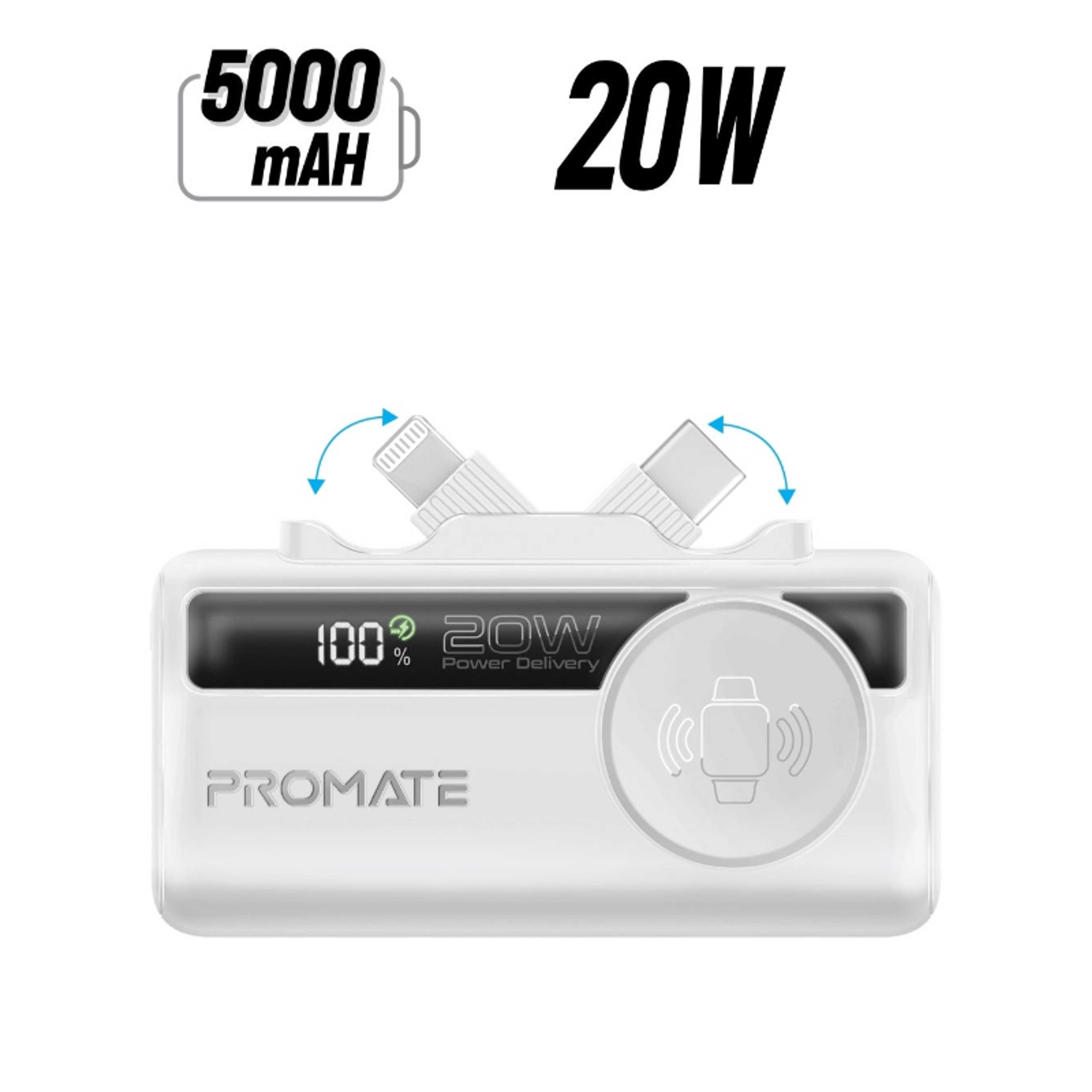5000 mAh 3 in 1 Mini Power Bank, With 20W USB-C™ In/Out Foldable Connector, 12W Lightning Foldable Connector, Wireless  Apple Watch Charger, LED Display White - Product Main Image
