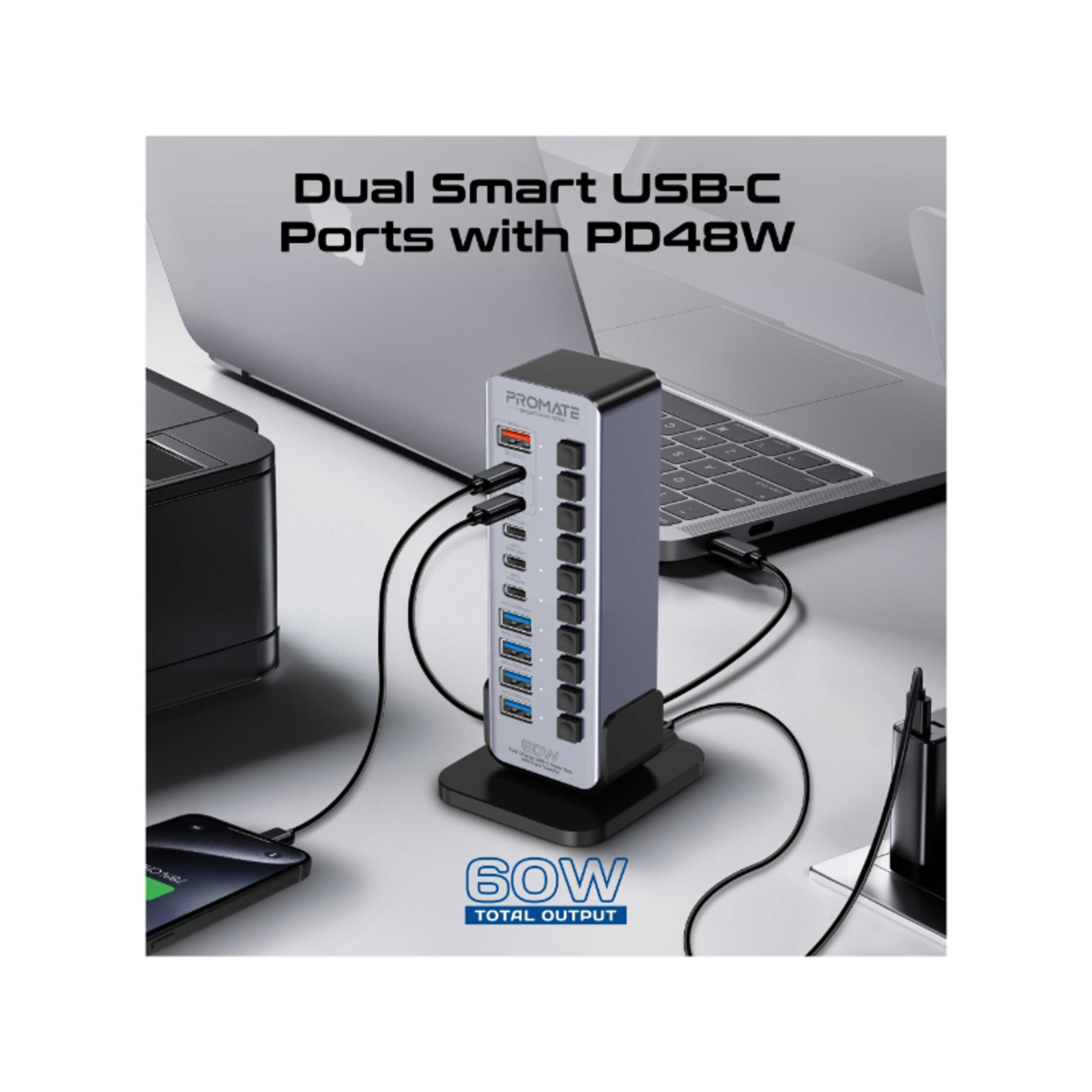 Promate 14-In-1 Multiport 60W USB-C Tower Hub, with (3) 5Gbps USB-C™ Ports, 4 USB-A™ Ports, 2 Fast Charging upto 45W USB-C Ports, Individual On/Off Switches , Plug and Play Grey - Product Main Image