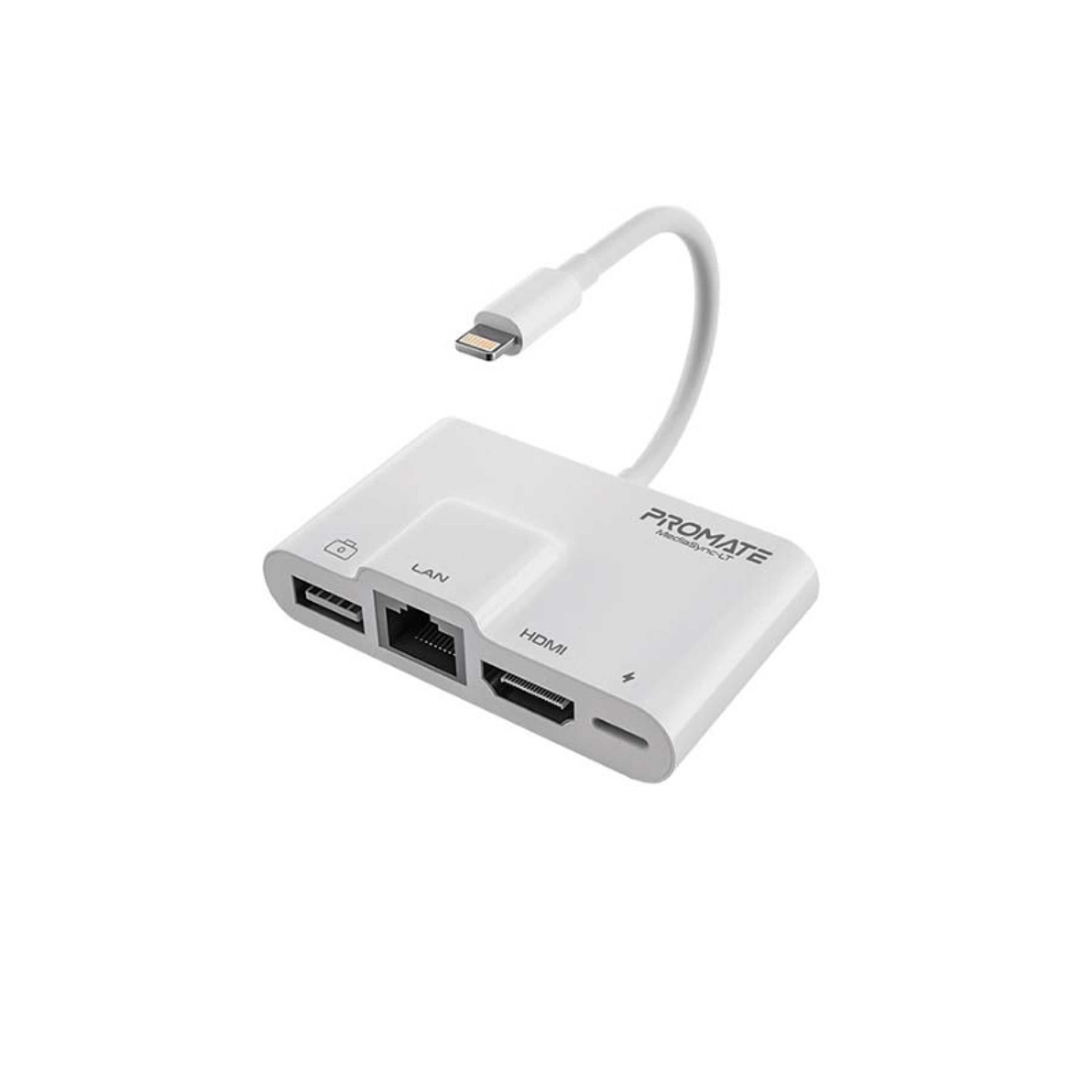 Lightning Hub, 4-in-1 Premium Multimedia Adapter with 1080p HDMI Port, 10/100 Mbps RJ45 Ethernet Port, Quick Data Transfer USB Port and Lightning Charging Port for iPhone 13, MediaSync-LT White - Product Main Image