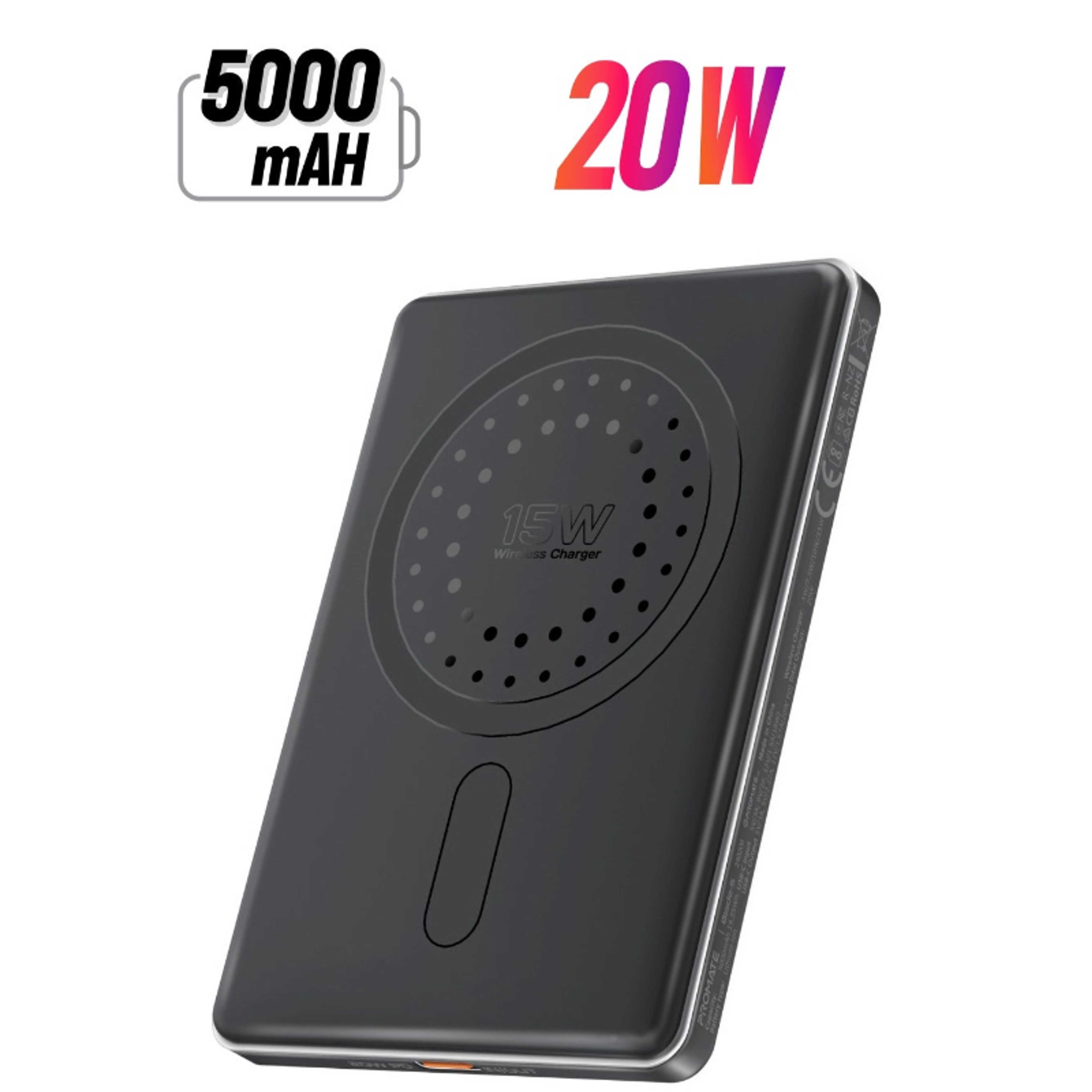 5000 mAh Super Slim Power Bank With 15W MagSafe Charging, 20W USB-C Port, And Safety Protection System, USB-C Input/Output Port Black - Product Main Image