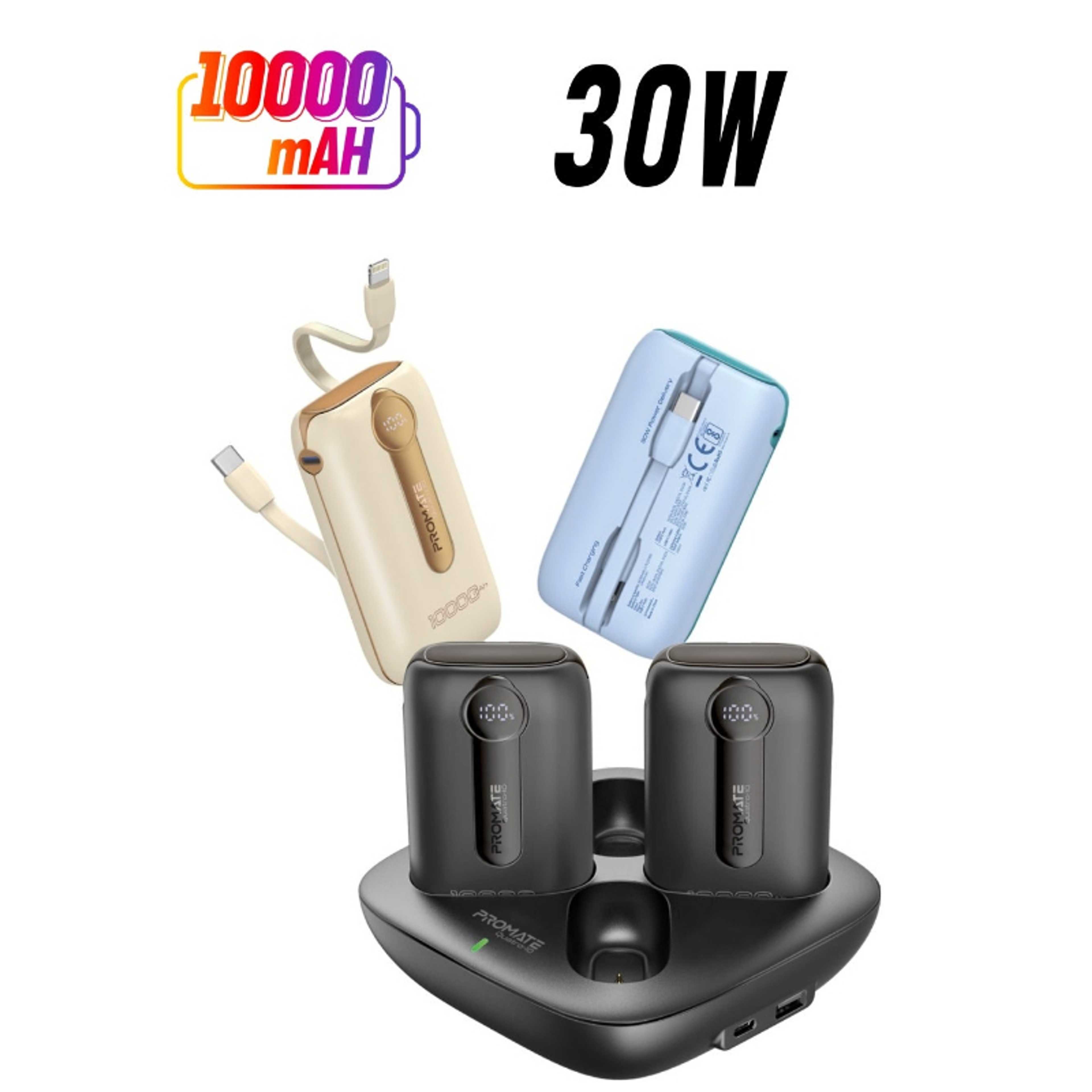 10000 mAh 4-Piece Power Bank Premium Kit With 10,000mAh Ultra-compact Chargers, USB-C™ and Lightning Built-in Cables, LED screen, 22.5 PD, USB-C™ and USB-A™ Ports, and Charge Protection, Quatro-10 Black - Product Main Image