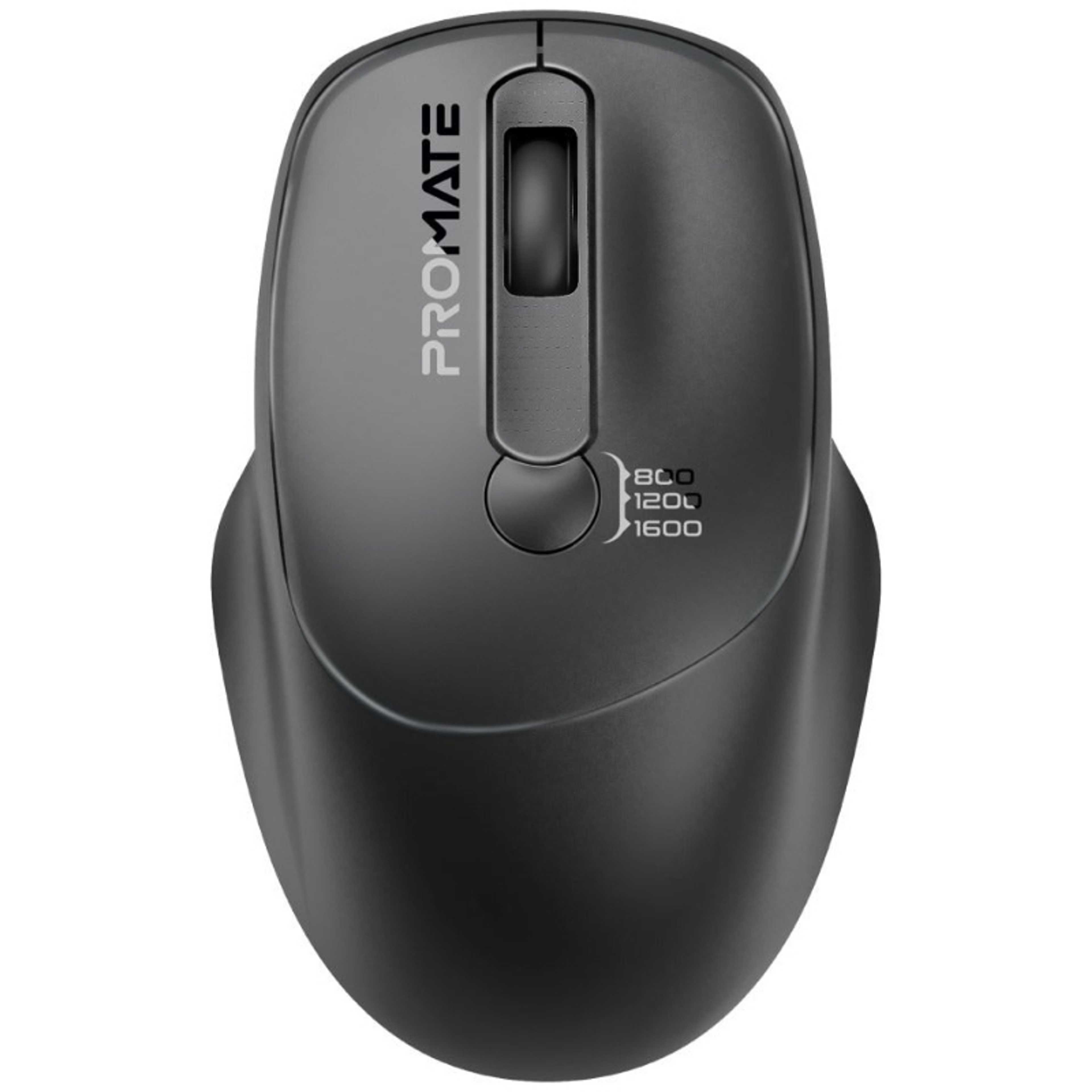 Promate 2.4G Wireless Mouse, High Precision 1600DPI Cordless Ambidextrous Mouse with USB Nano Receiver, 10m Range, 120h Work Time, Adjustable DPI Black - Product Main Image