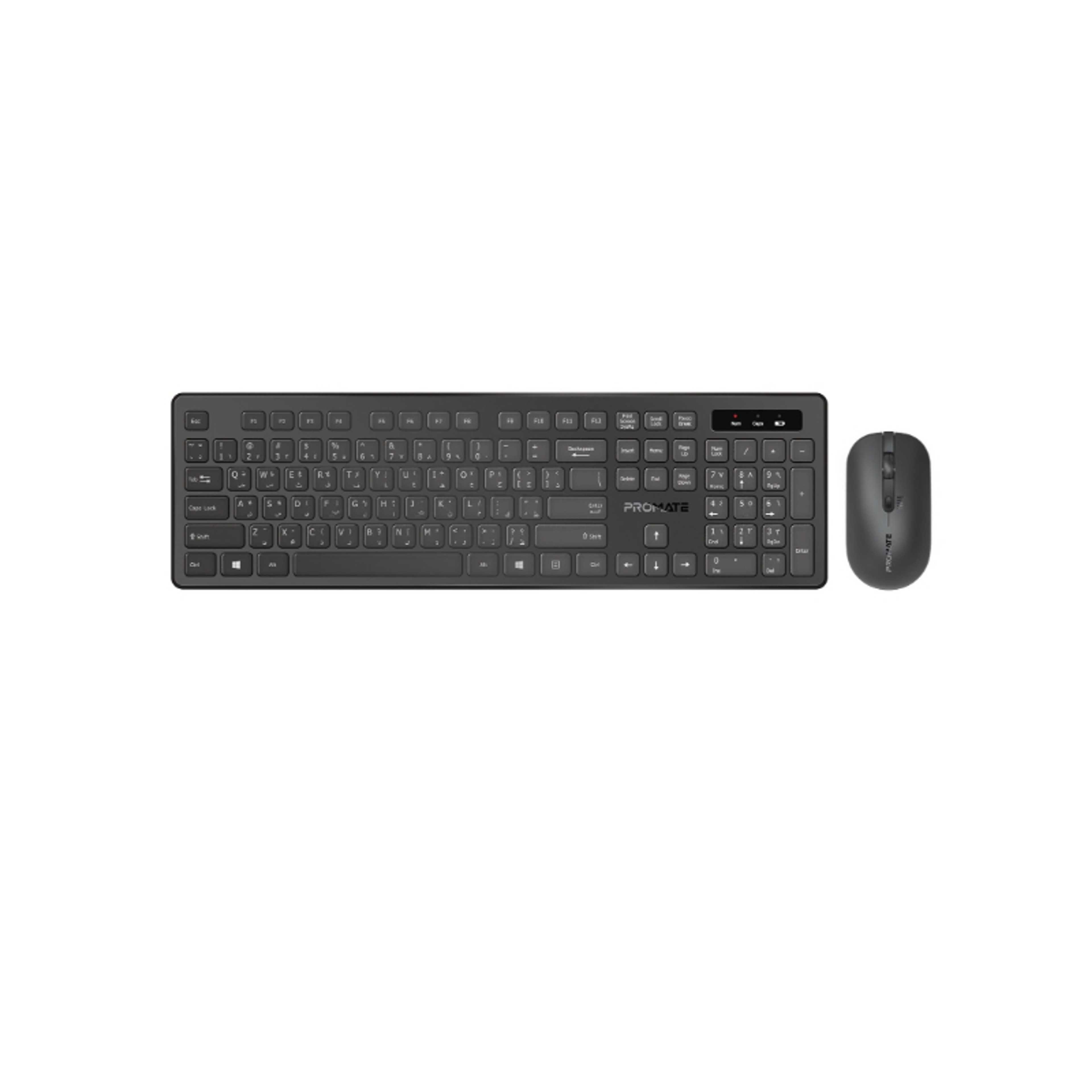 Promate Wireless Keyboard and Mouse Combo, Slim Full-Size 2.4Ghz Wireless Keyboard with 1600 DPI Ambidextrous Mouse, Nano USB Receiver, Quiet Keys, Angled Kickstand Black - Product Main Image