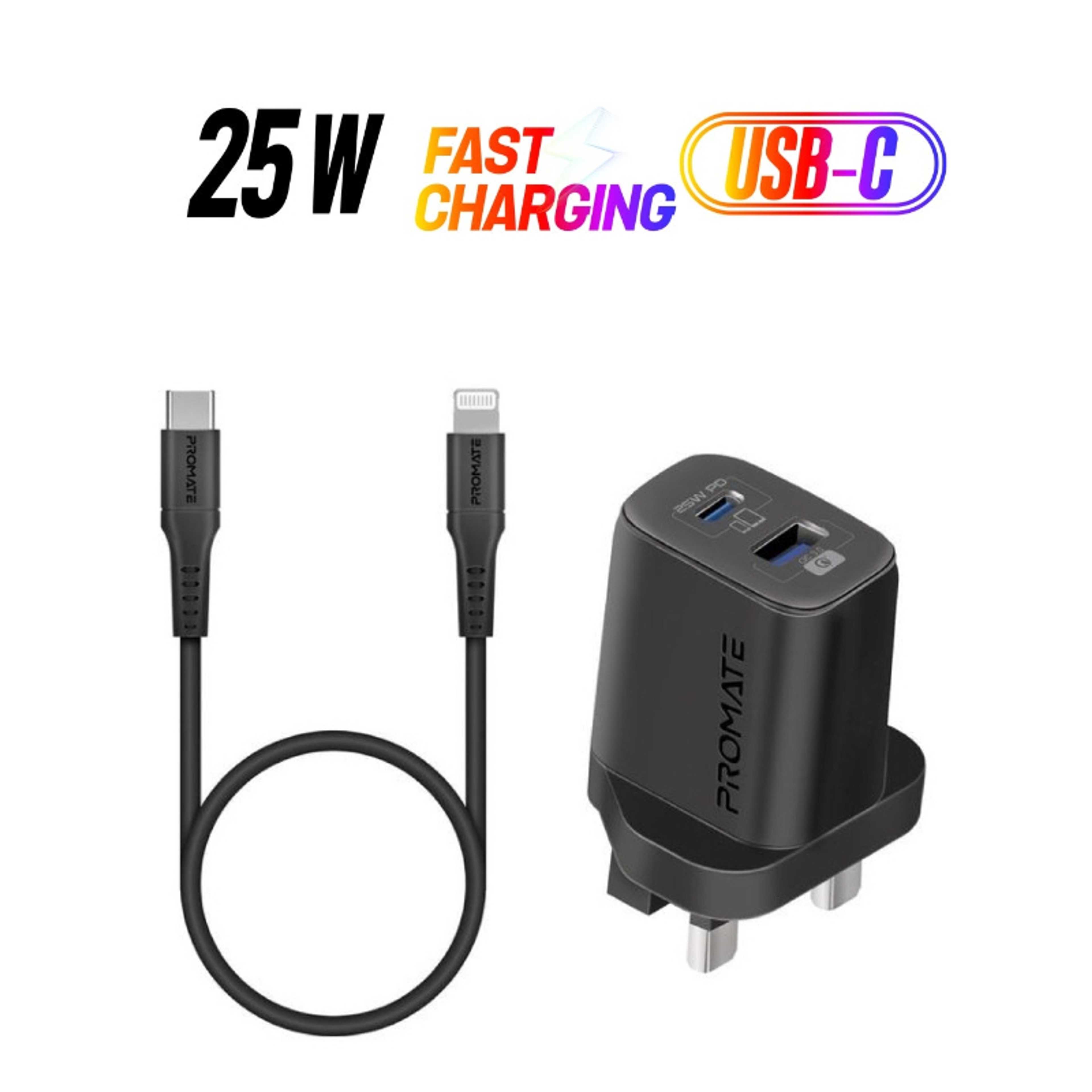 Dual Port AC Charger 25W With Type-C To Lightning Cable 1.2M Black - Product Main Image