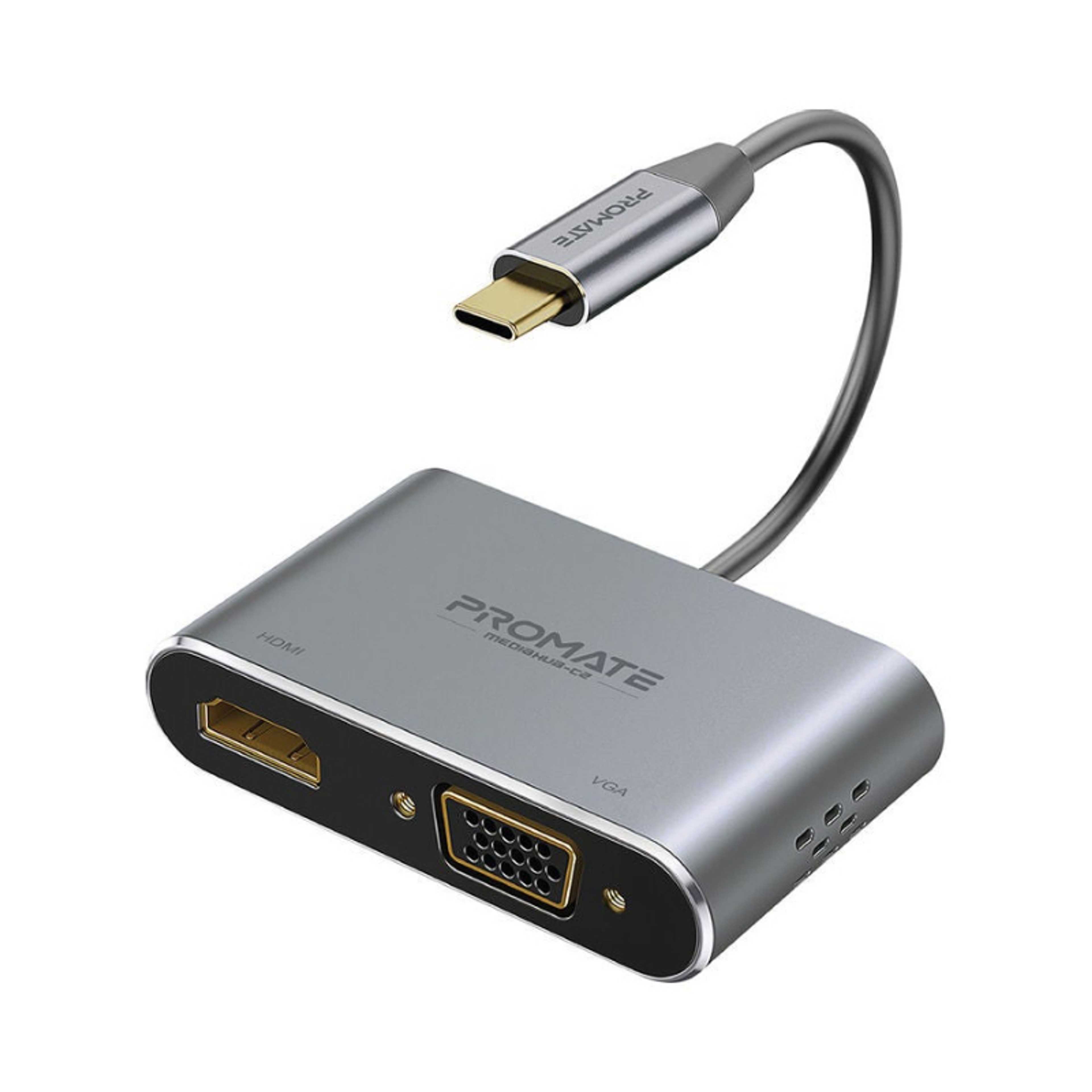 Promate USB-C™ to VGA and HDMI Adapter, High Definition Aluminium Converter 4K Ultra HD Adapter with 1080 VGA and Dual Screen Display Support for  MacBook Pro/Air, iPad Pro, MediaHub-C2 Grey - Product Main Image