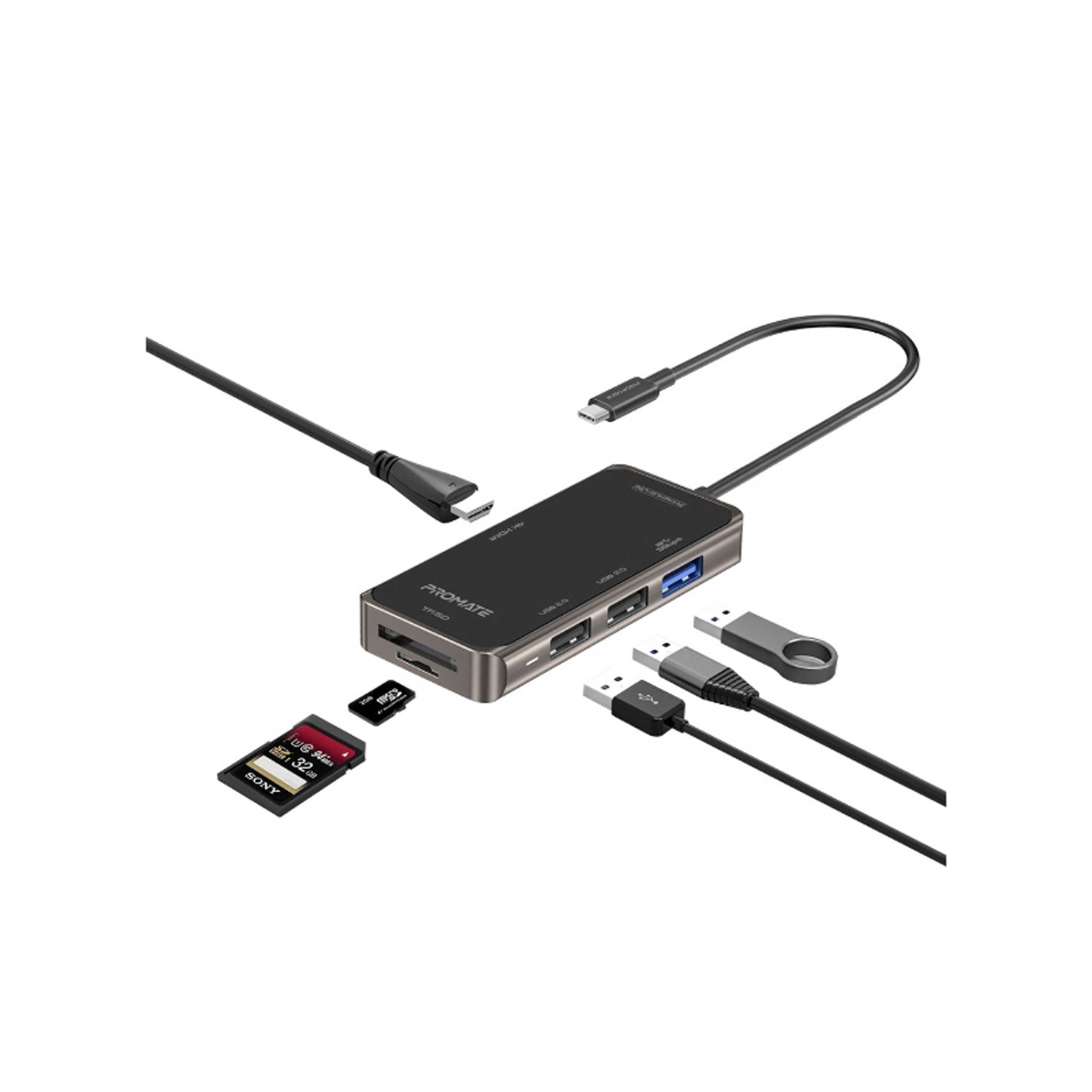 USB-C HDMI Adapter with TF/SD Card Slot, 3 USB, Sync Charge USB-C Port, PrimeHub-Lite Black - Product Main Image