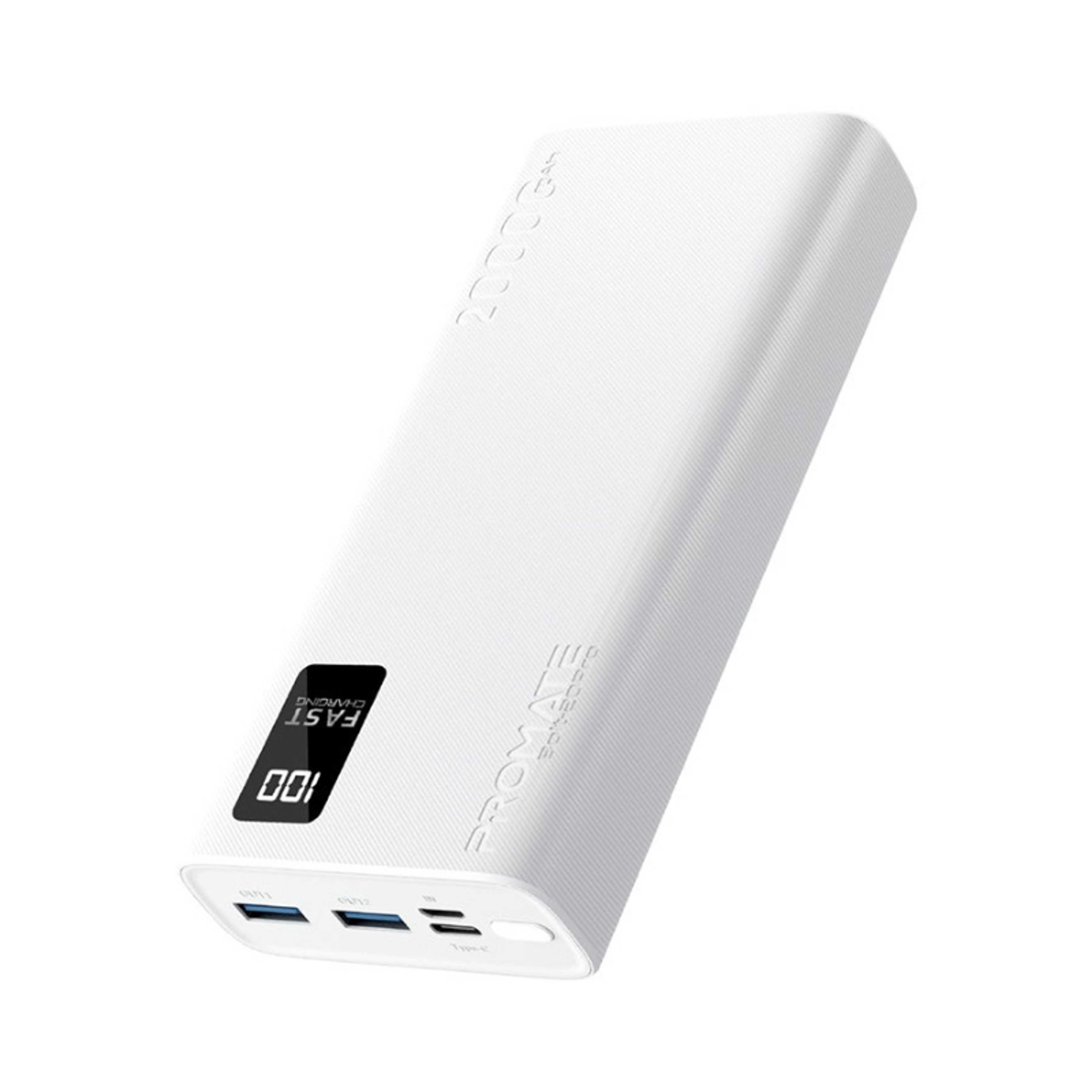 20000 mAh Bolt Compact Smart Charging Power Bank With Dual USB-A & USB-C Output 10W White - Product Main Image