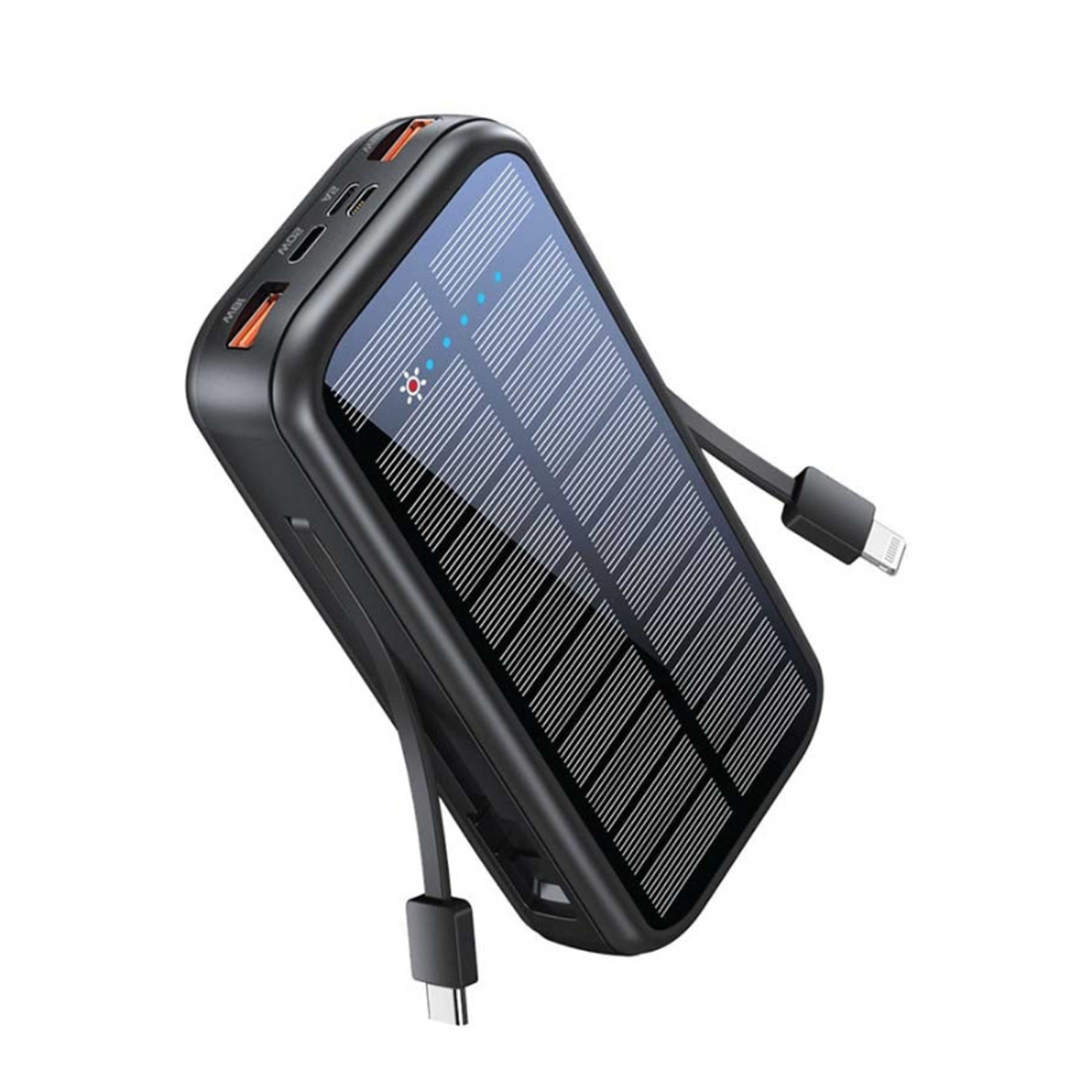 20000mAh EcoLight Solar Power Bank with Built-in USB-C & Lightning Cables Black - Product Main Image