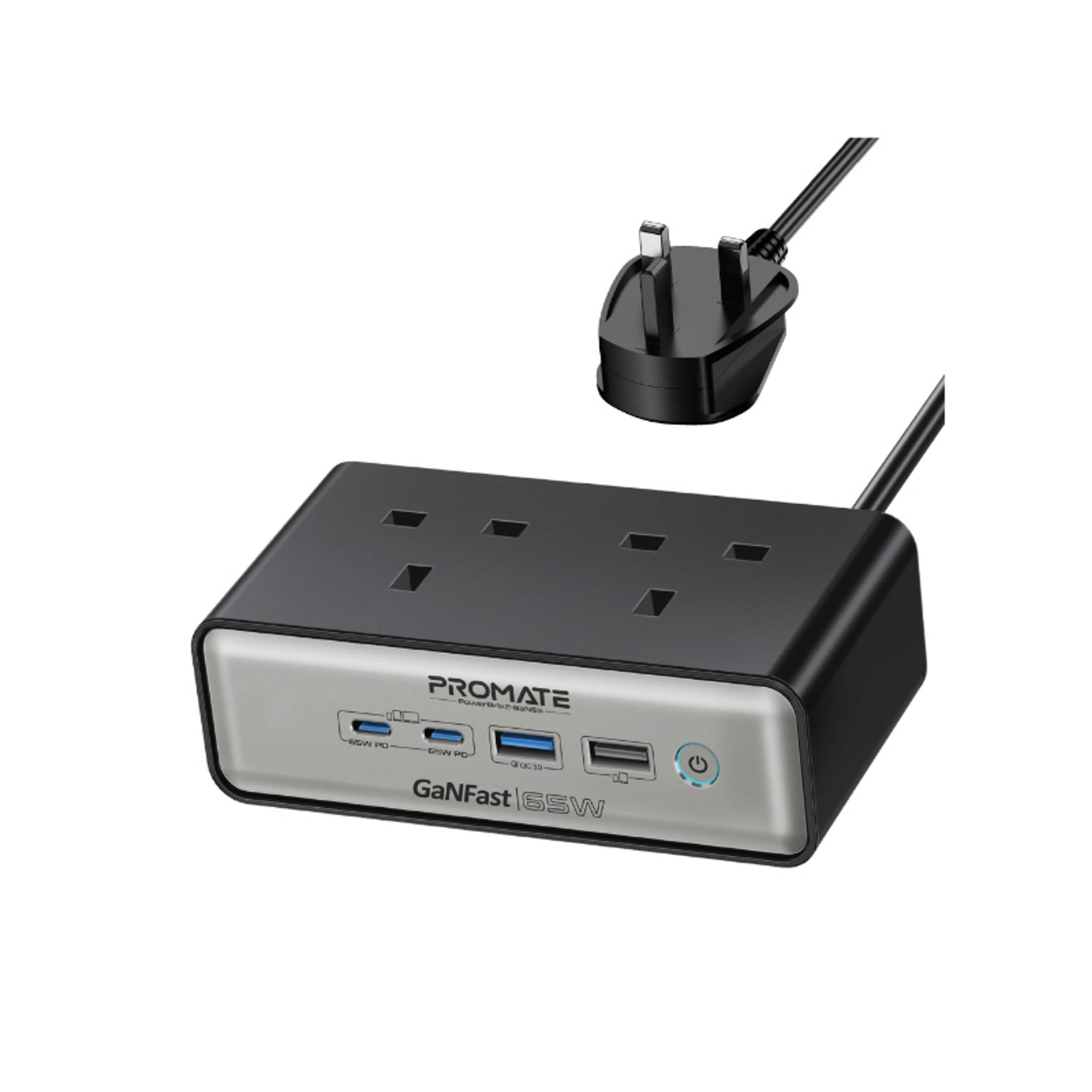 Promate Charging Station, 6-In-1 Multi-Port 65W Ganfast Power Extension With Dual 3250W Ac Sockets, Dual 65W Usb-C™ Power Delivery Ports, Qc 3.0 Port, 2M Cable - Product Main Image