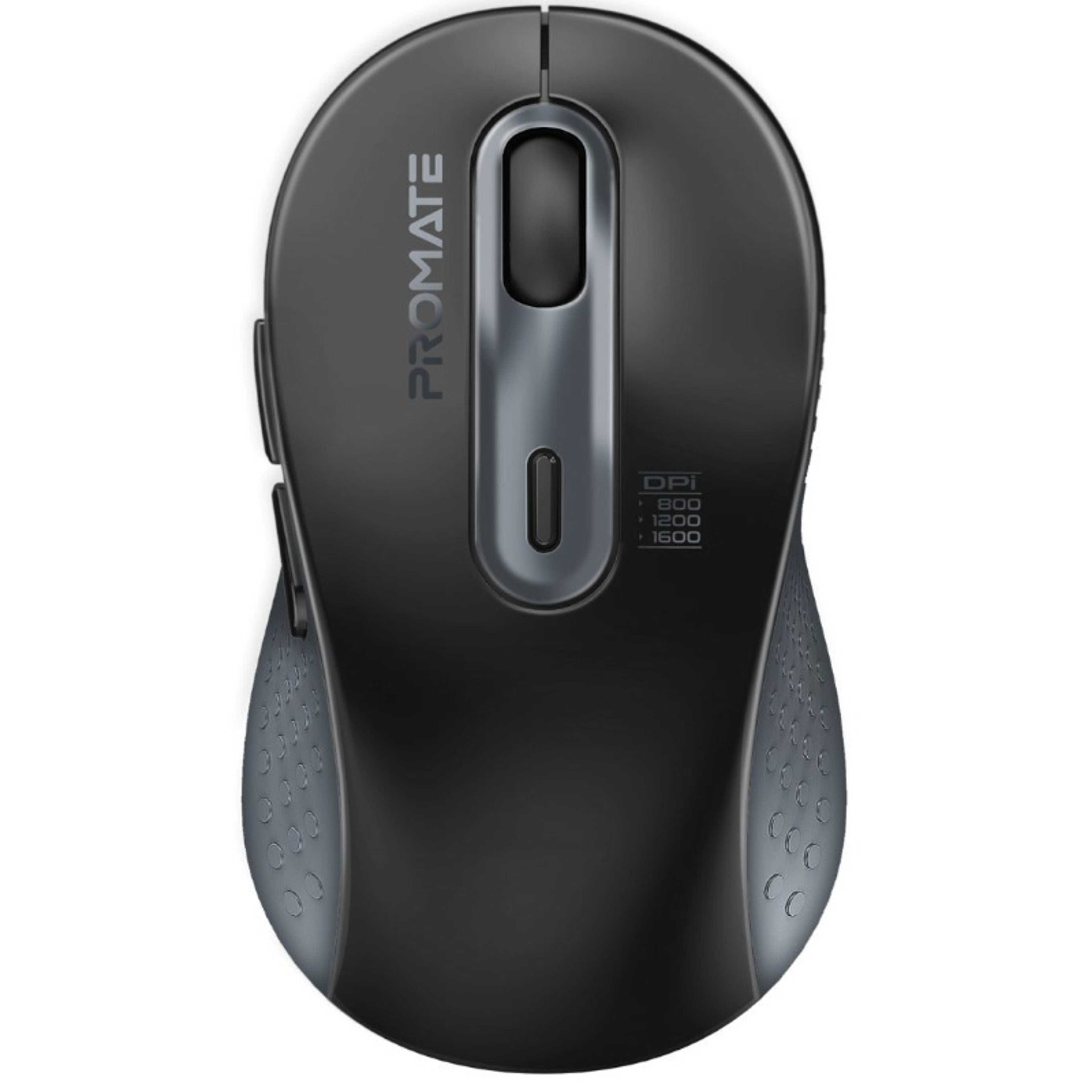 Promate Wireless Mouse, Ergonomic Ambidextrous Wireless Mice with Dual Mode Connectivity, Bluetooth v5.3, 2.4Ghz Transmission, Adjustable 1600DPI, 150H Working Time, Ken Black - Product Main Image