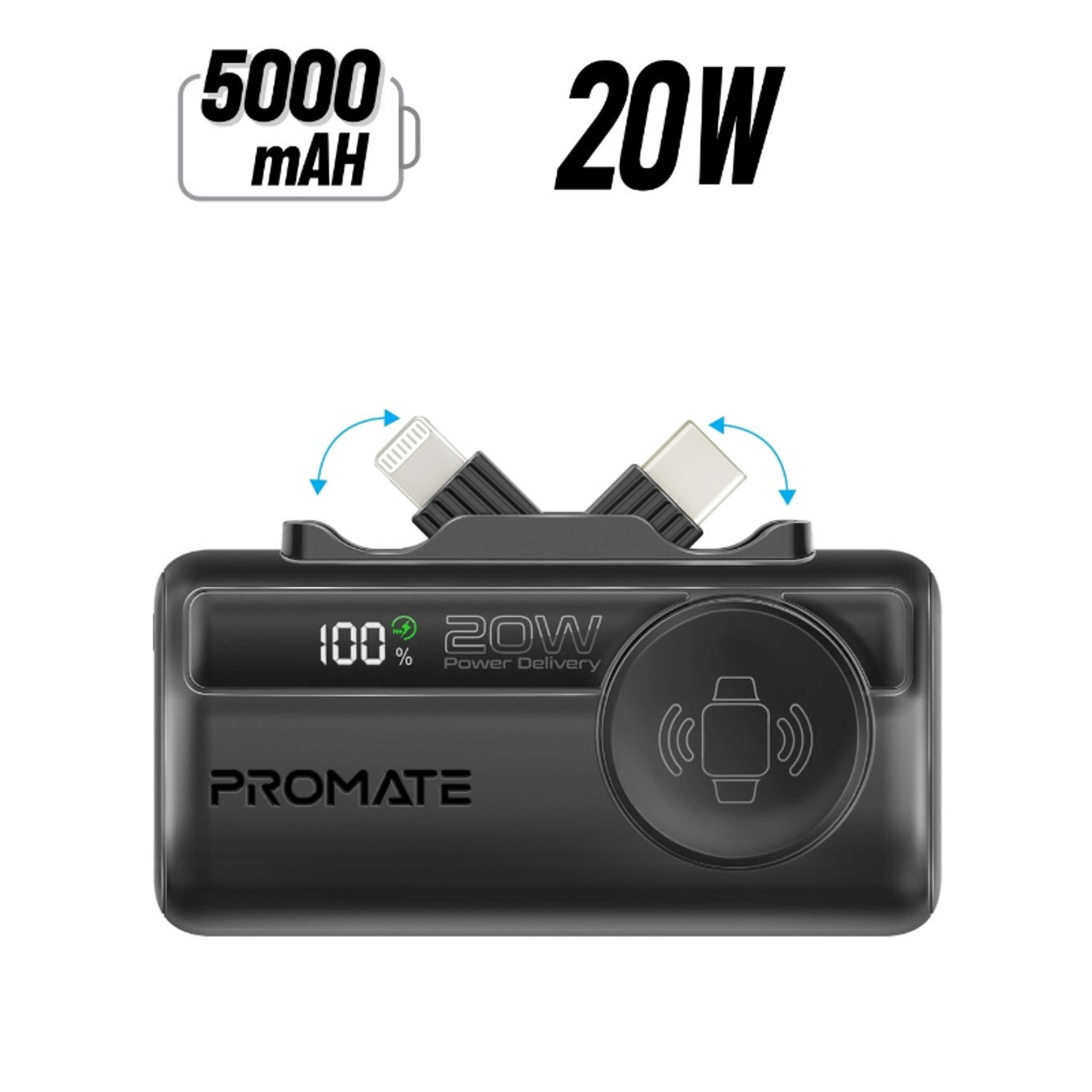 5000 mAh 3 in 1 Mini Power Bank With 20W USB-C™ In/Out Foldable Connector, 12W Lightning Foldable Connector, Wireless  Apple Watch Charger, LED Display Black - Product Main Image