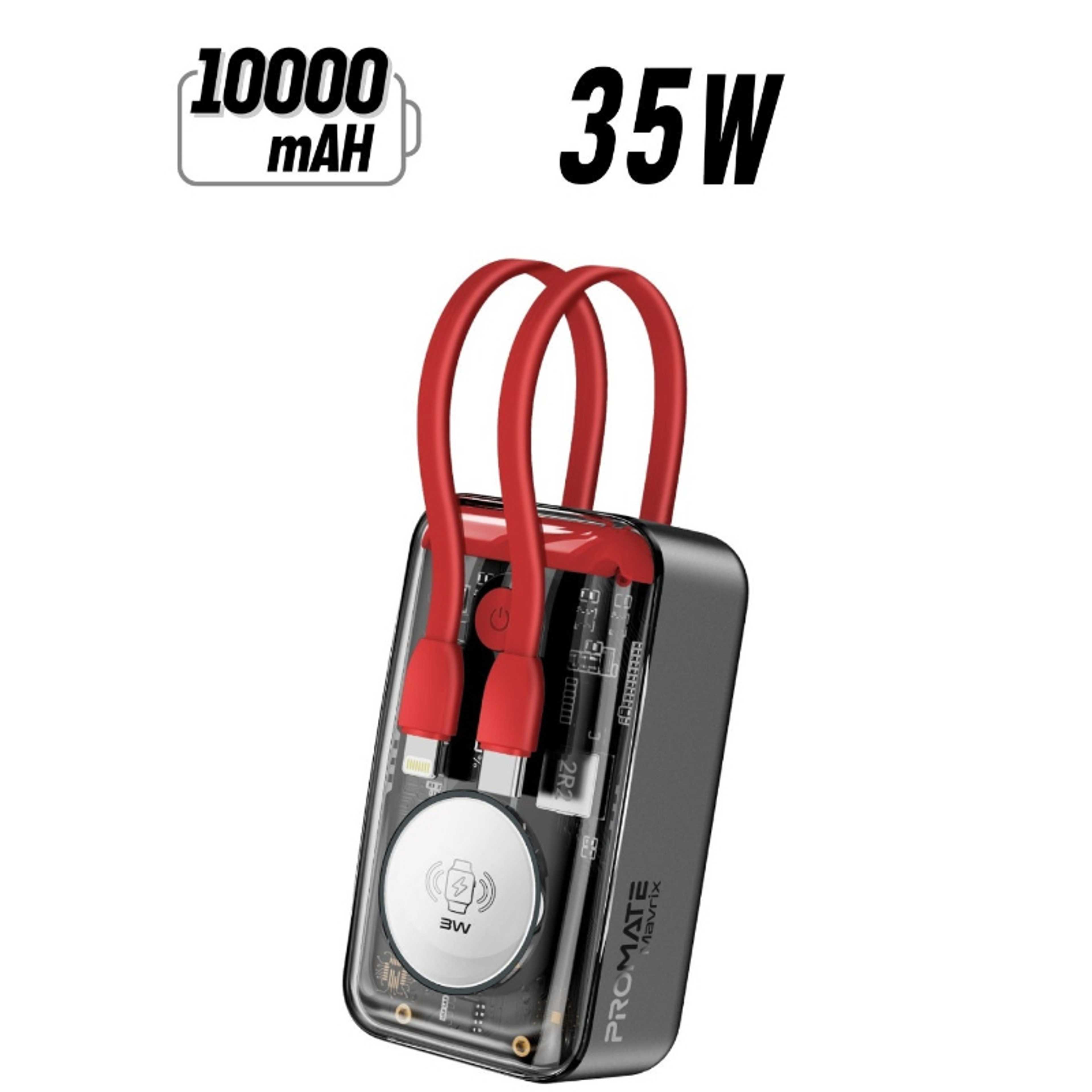 10000 mAh Power Bank With Built-in Cables, Transparent Power Bank, 35W USB-C PD Cable, 12W Lightning Cord, USB-C in/out Port And 3W Smartwatch Charger - Mavrix Red - Product Main Image