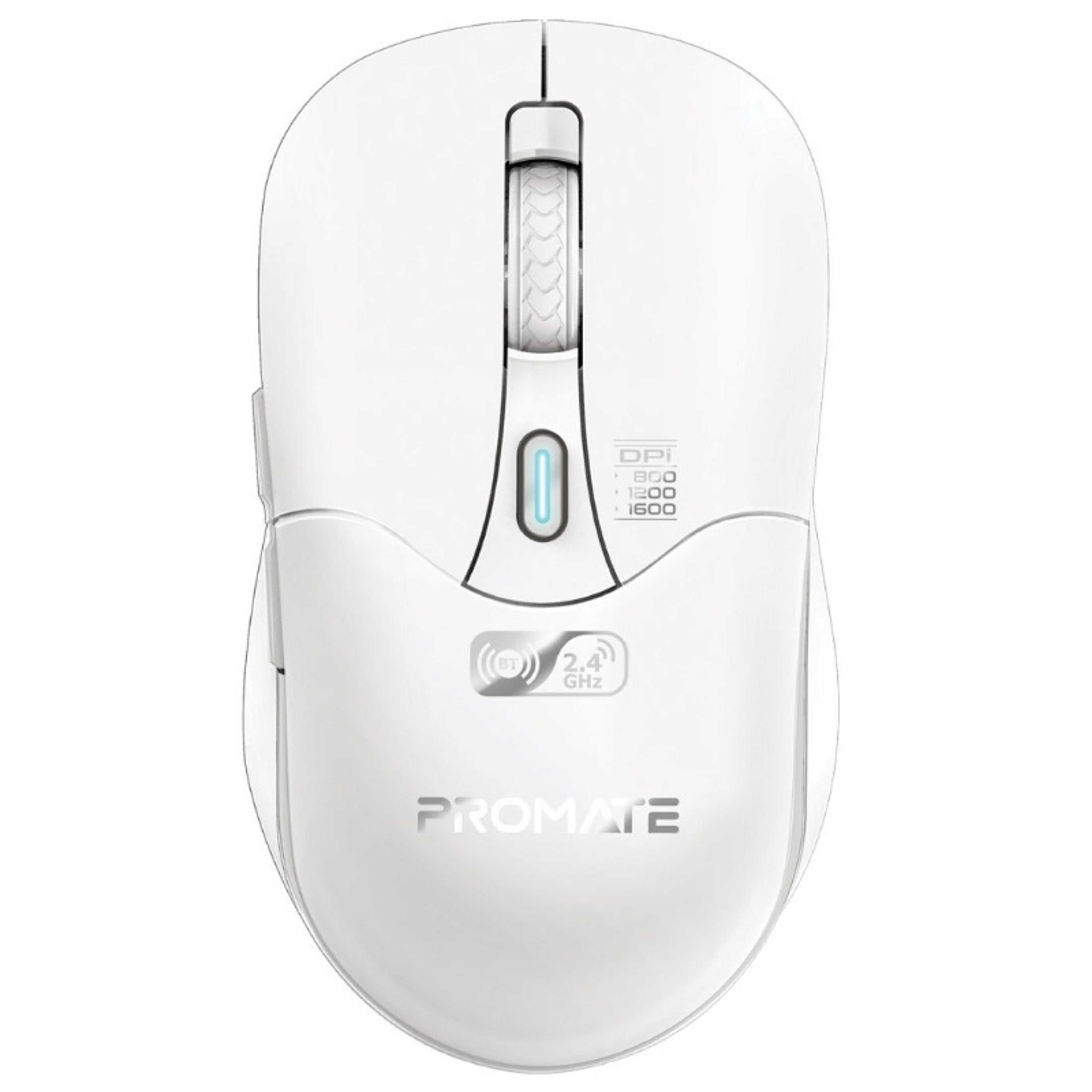 500 mAh Promate Rechargeable Wireless Mouse, Professional Contoured 500mAh Battery with Dual Nano Receiver Connectivity, 1600DPI DPI and 6 Multi-Functional Buttons, Samo White - Product Main Image