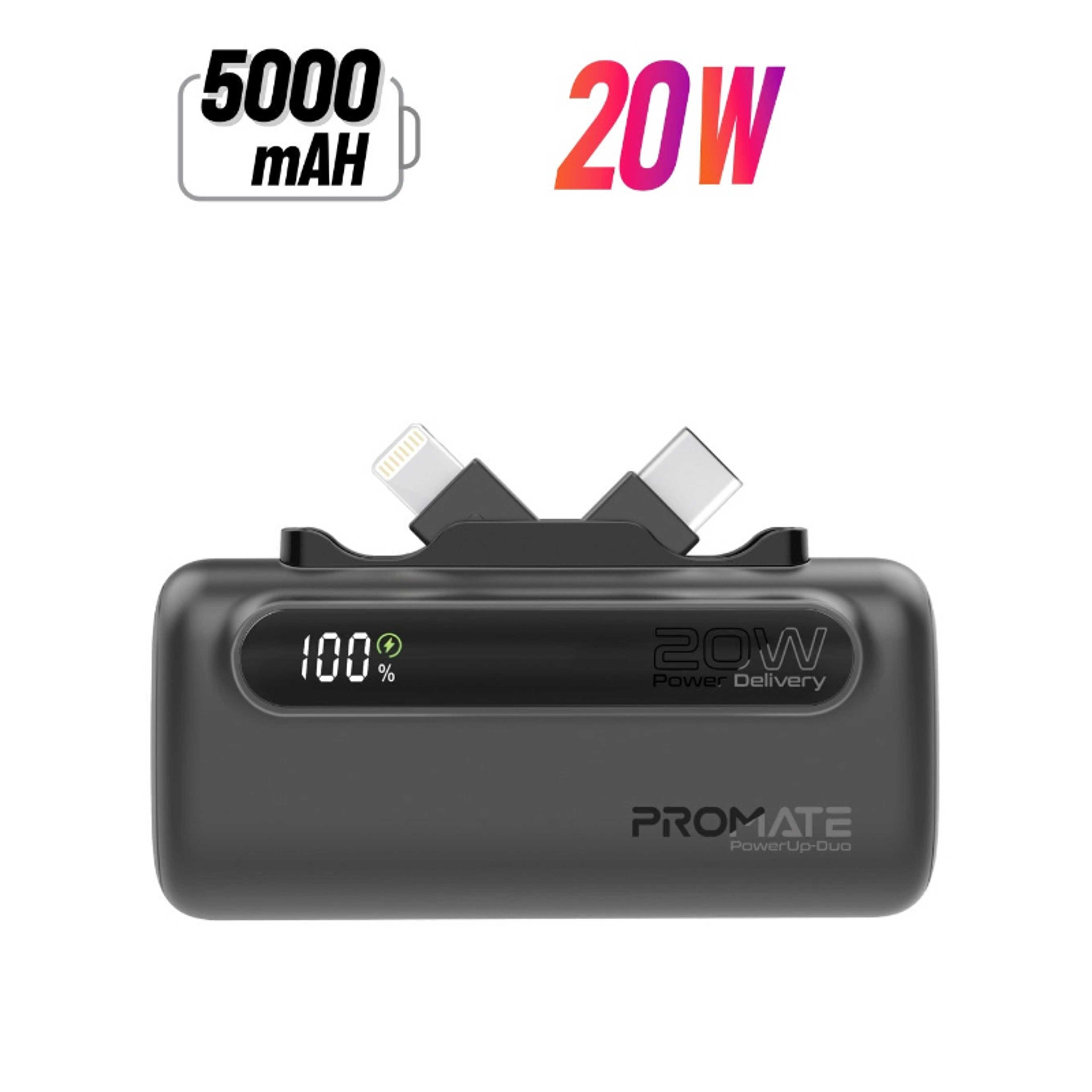 5000 mAh Mini Power Bank With 20W USB-C™ In/Out Foldable Connector, 12W Lightning Foldable Connector, LED Display, PowerUp-Duo Black - Product Main Image