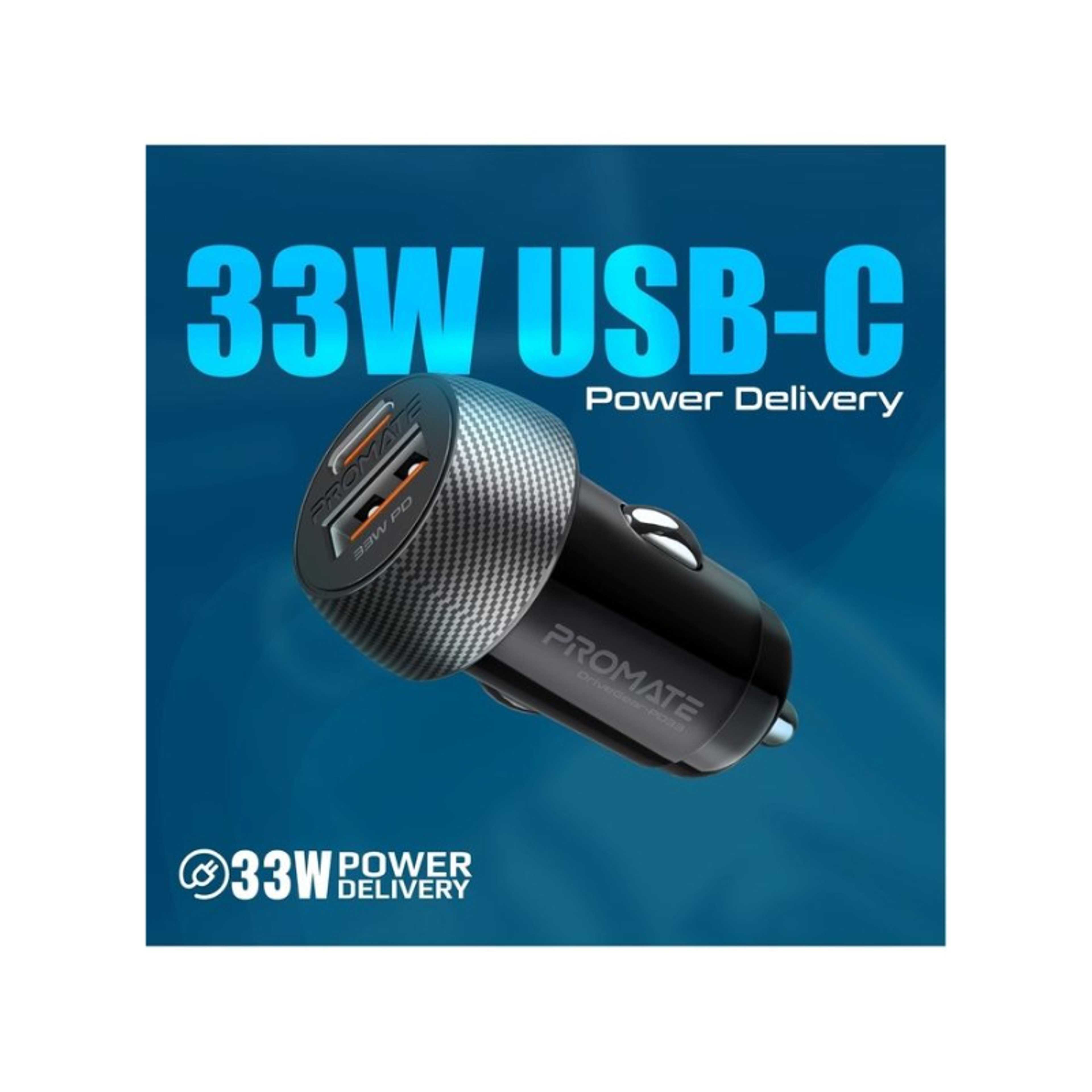 USB-C Car Charger, Ultra-Compact Dual Port Car Adapter With Super-Fast 33W USB Type-C Power Delivery Port And High-Speed 18W Qualcomm QC 3.0 USB Port Black - Product Main Image